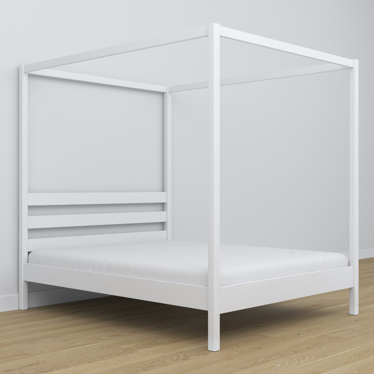 Lit double blanc avec baldaquin – cadre décoratif en bois, scandinave