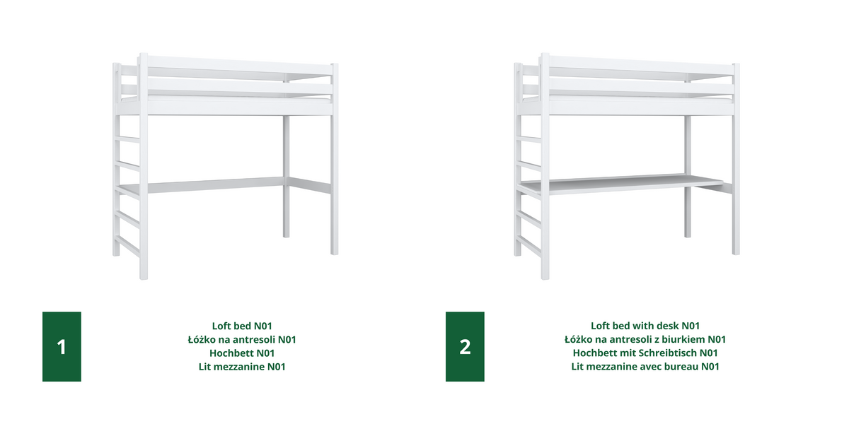 lit mezzanine avec bureau N01 RAL/NCS – en bois, couleur adaptée à l'intérieur, Nizio Home