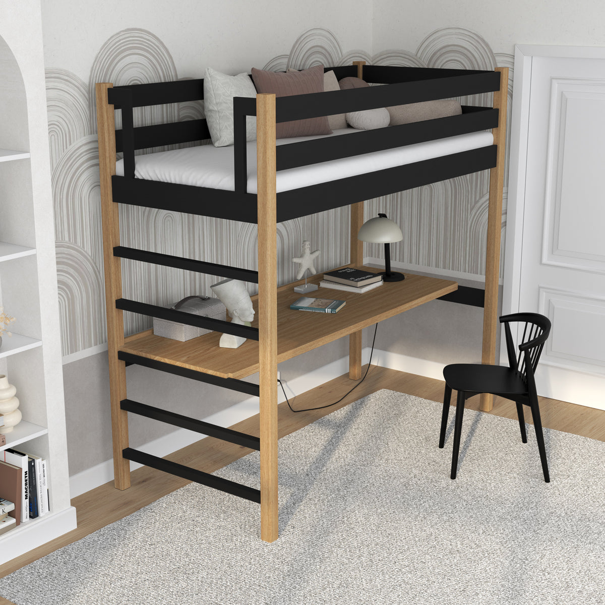 Hochbett schwarz-eiche – Holzschreibtisch unter dem Schlafbereich, Kinderzimmer scandi