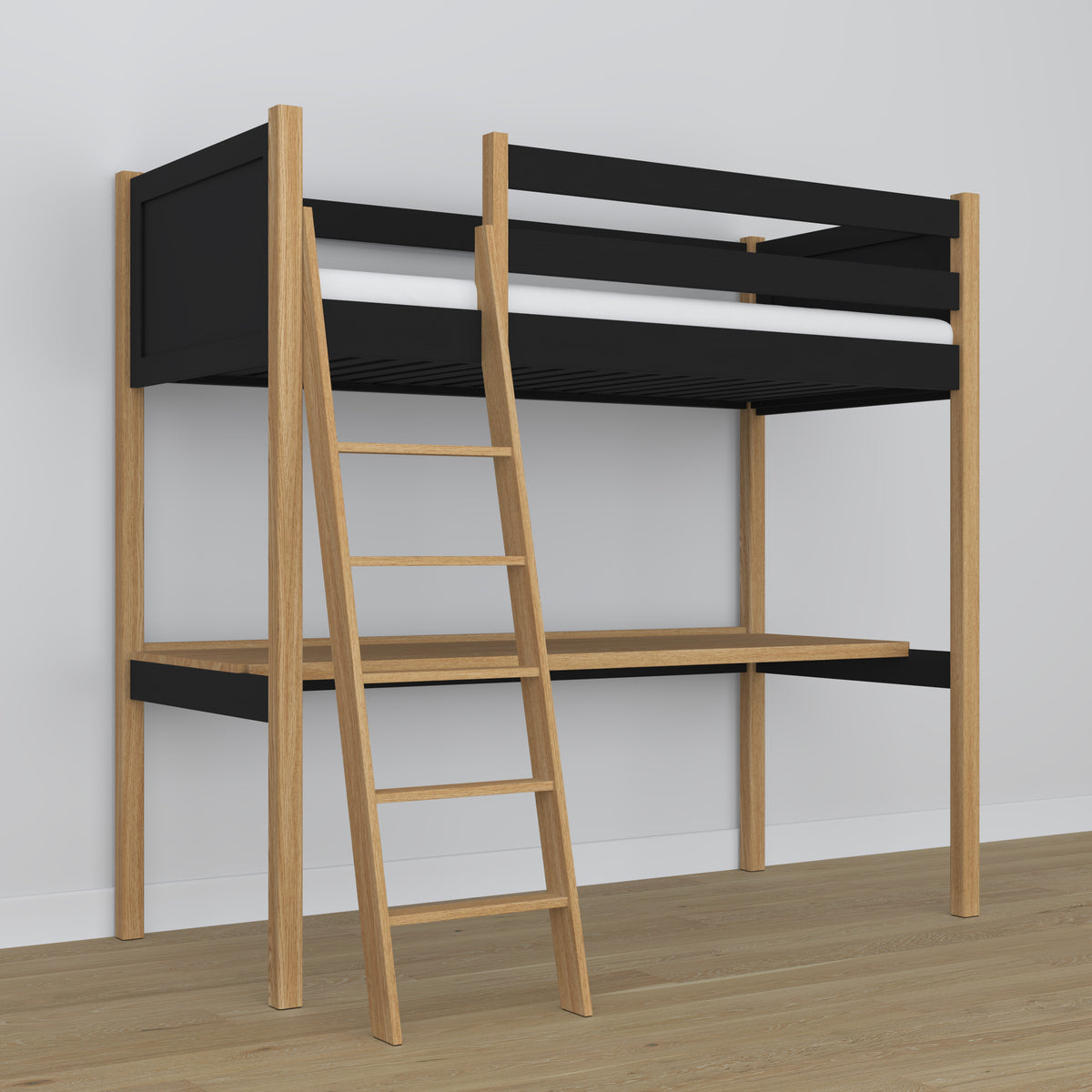 Black and Oak Wooden Loft Bed with Desk – Ladder and Joint Details
