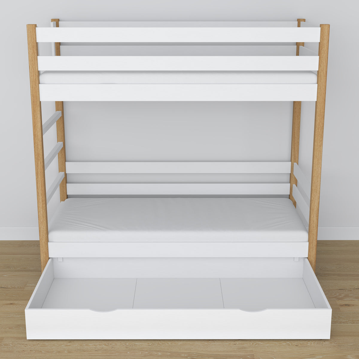 White and Oak Wooden Bunk Bed with Drawer – Scandi Children’s Room Arrangement