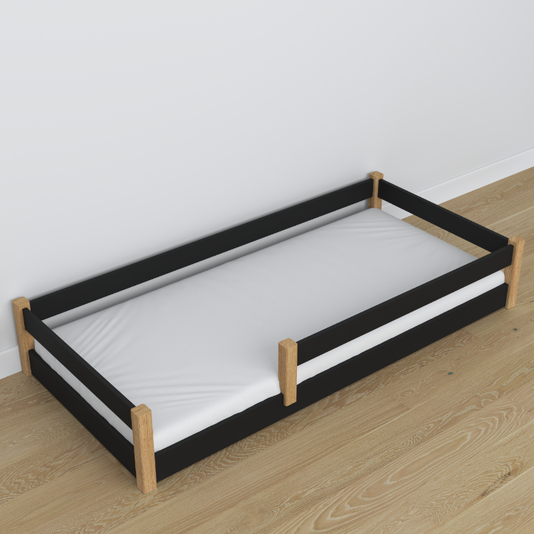 Niedriges Bett Schwarz-Eiche im Schlafzimmer – skandinavische Einrichtung, aus Holz
