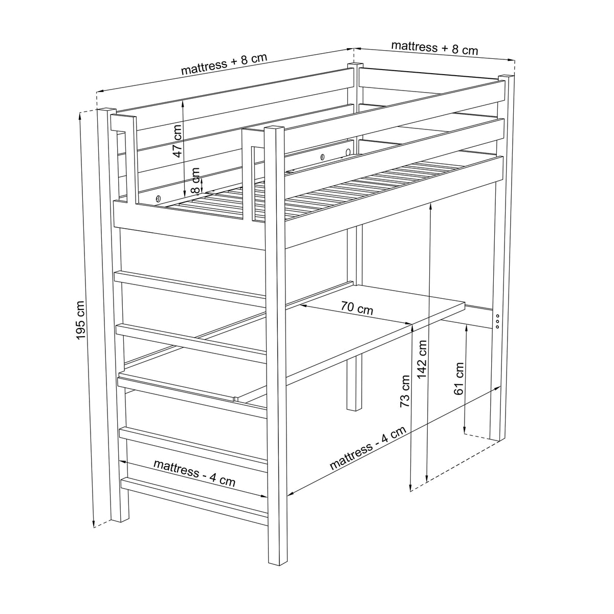 lit mezzanine avec bureau N01 RAL/NCS – en bois, couleur adaptée à l'intérieur, Nizio Home