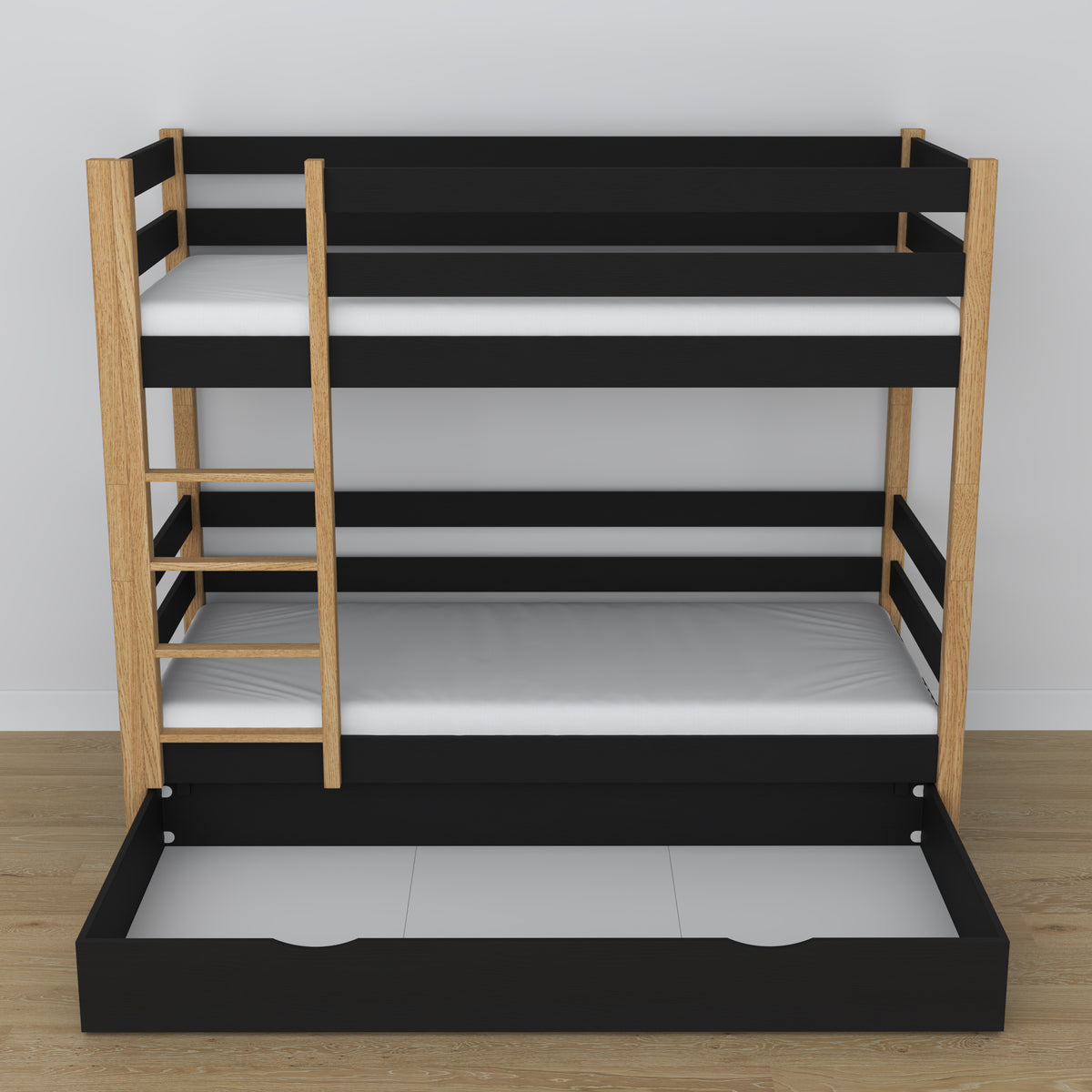 Black and Oak Wooden Bunk Bed with Drawer – Dimensions and Diagram, Nizio