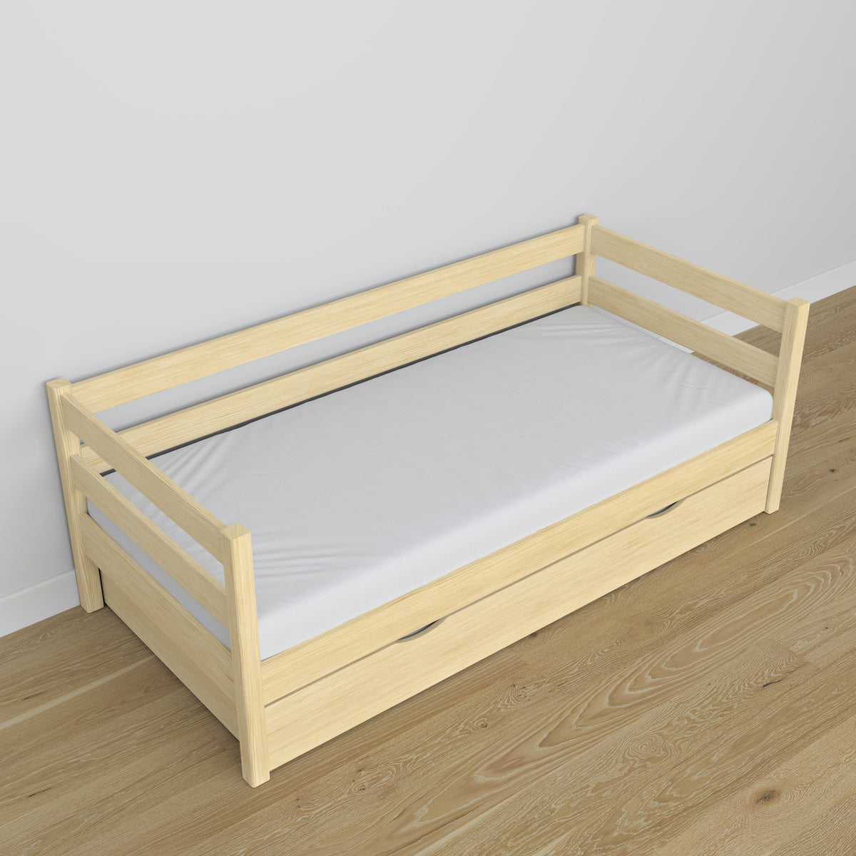 Sofa-lit avec tiroir en bois pin incolore – décoration de chambre d'enfant scandinave