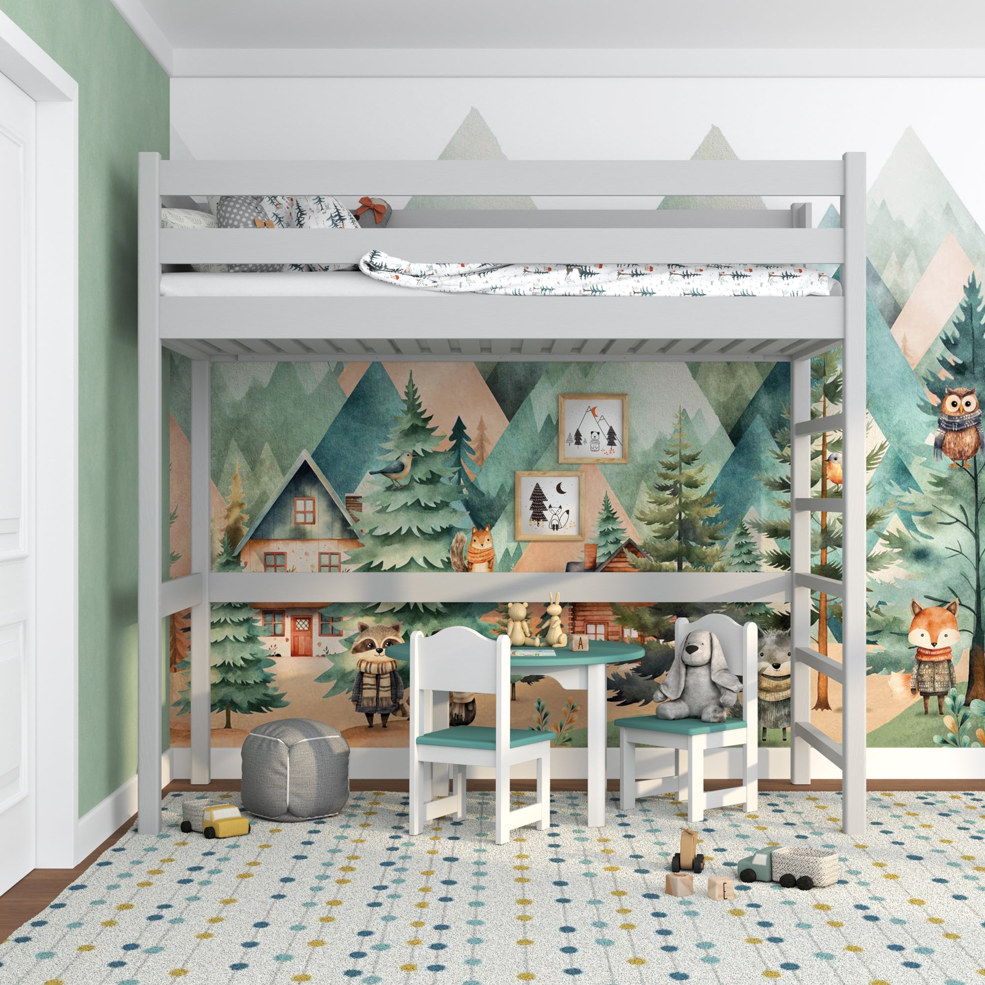 Hochbett aus Holz grau – Kinderzimmer, Massivholz, Scandi-Stil