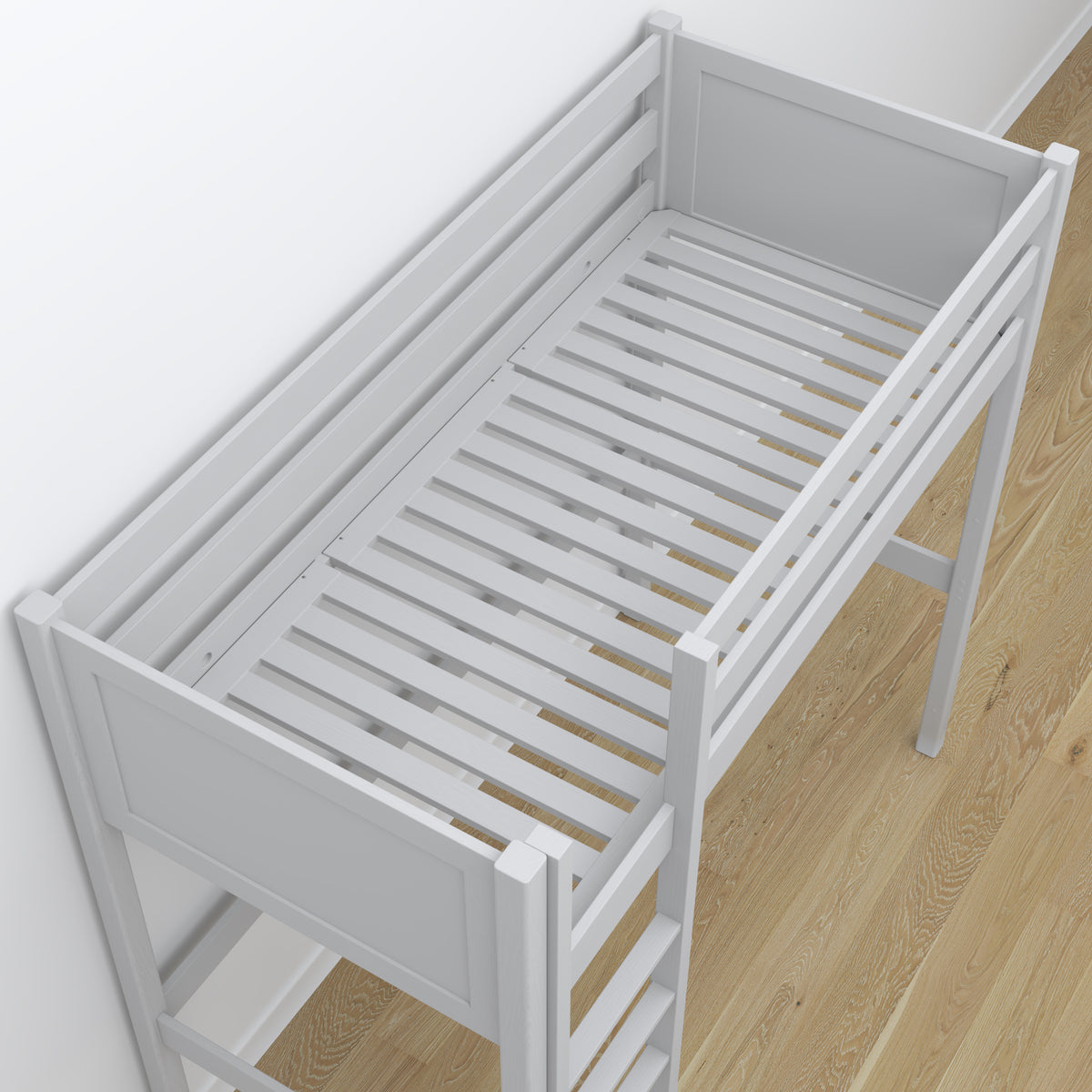 Loft bed grey – wooden desk under the sleeping area, scandi children’s room