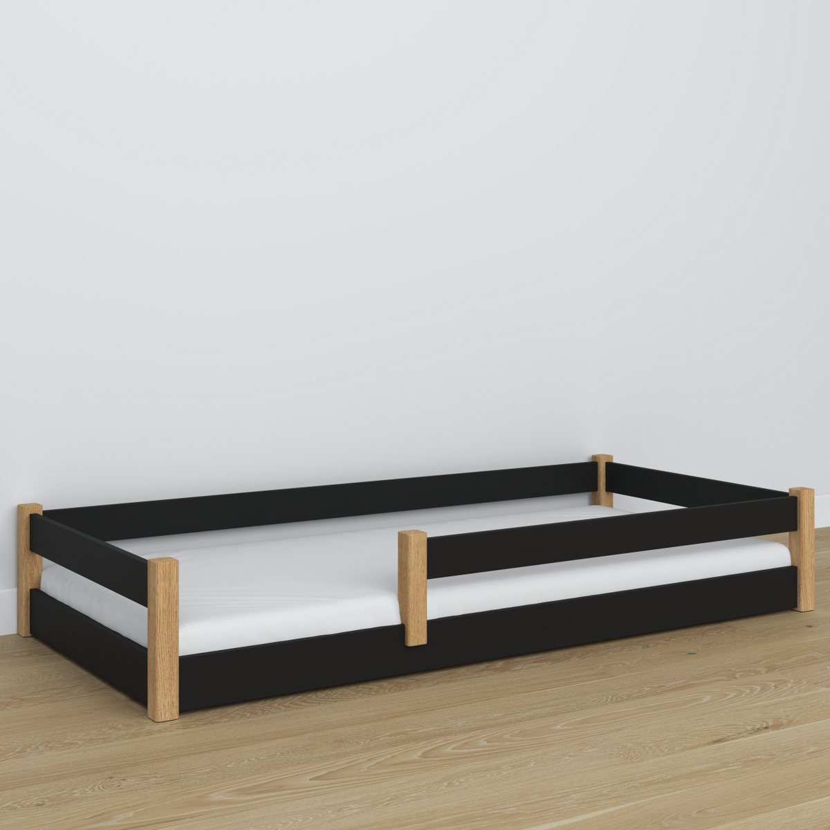 Niedriges Holzbett Schwarz-Eiche – Verbindungsdetails, Nizio Home