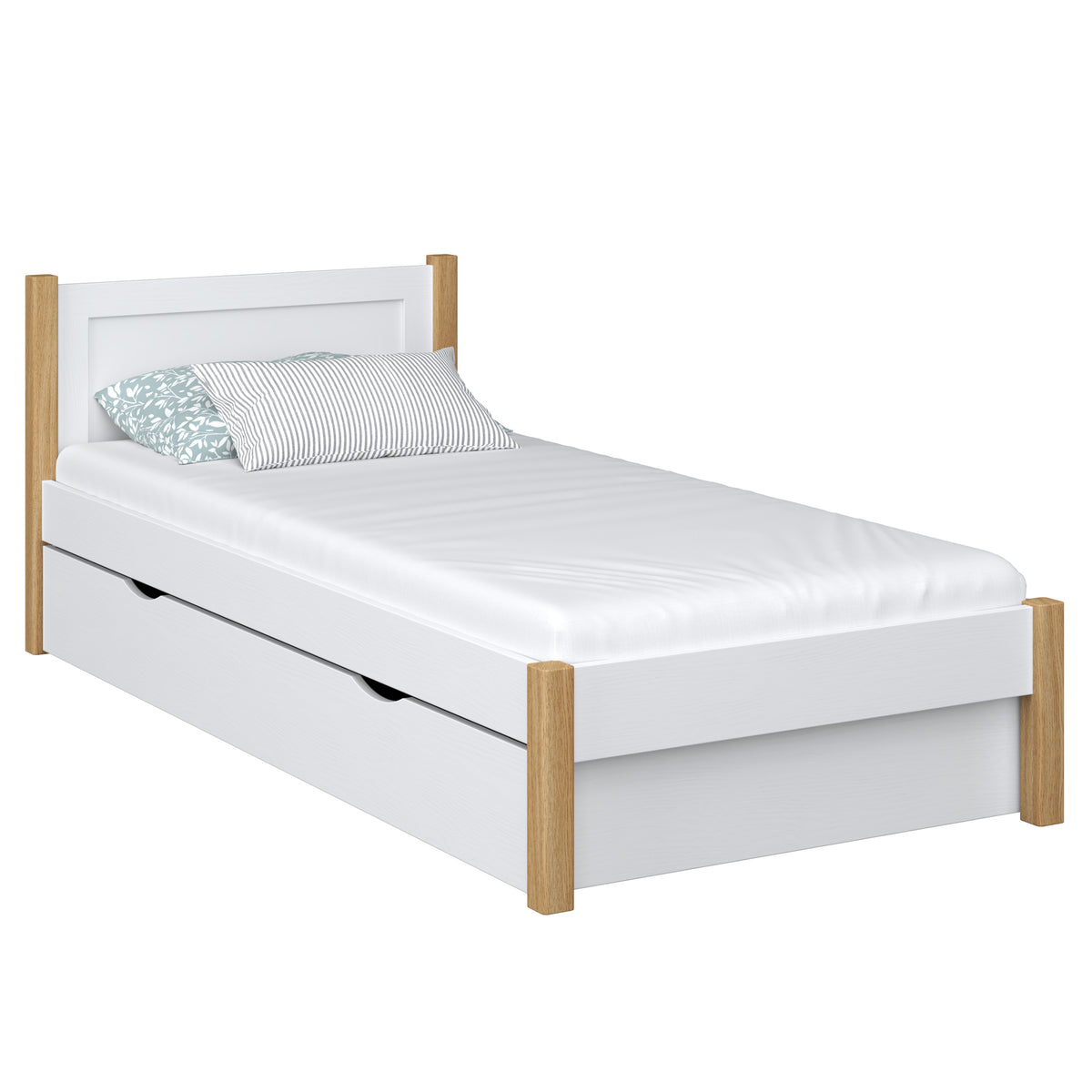 Bett mit Schublade aus Holz Weiß-Eiche – Schublade geöffnet, Staurauminnenraum