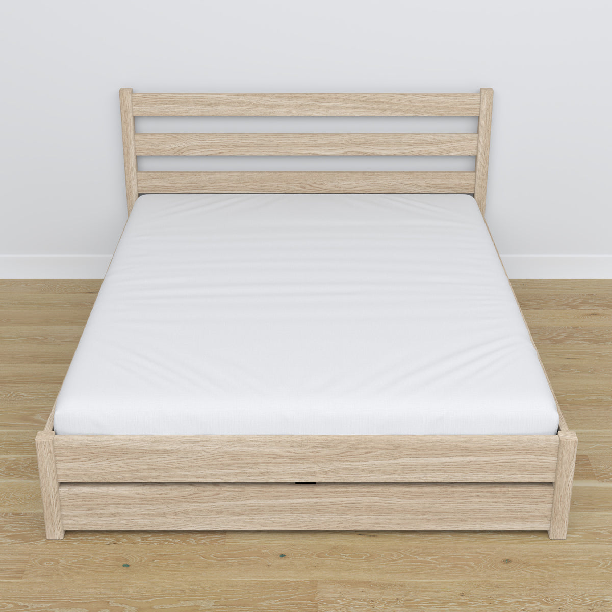 Doppelbett mit Schublade Eiche Eiche gebleicht – Schrägansicht, Scandi-Schlafzimmer