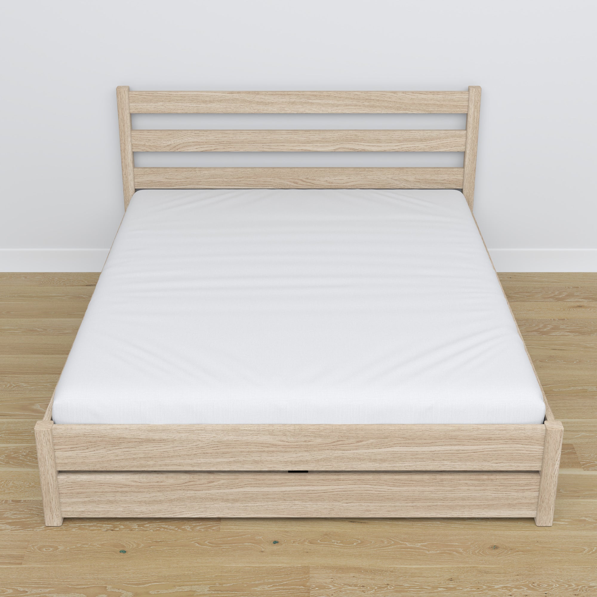Doppelbett mit Schublade Eiche Eiche gebleicht – Schrägansicht, Scandi-Schlafzimmer