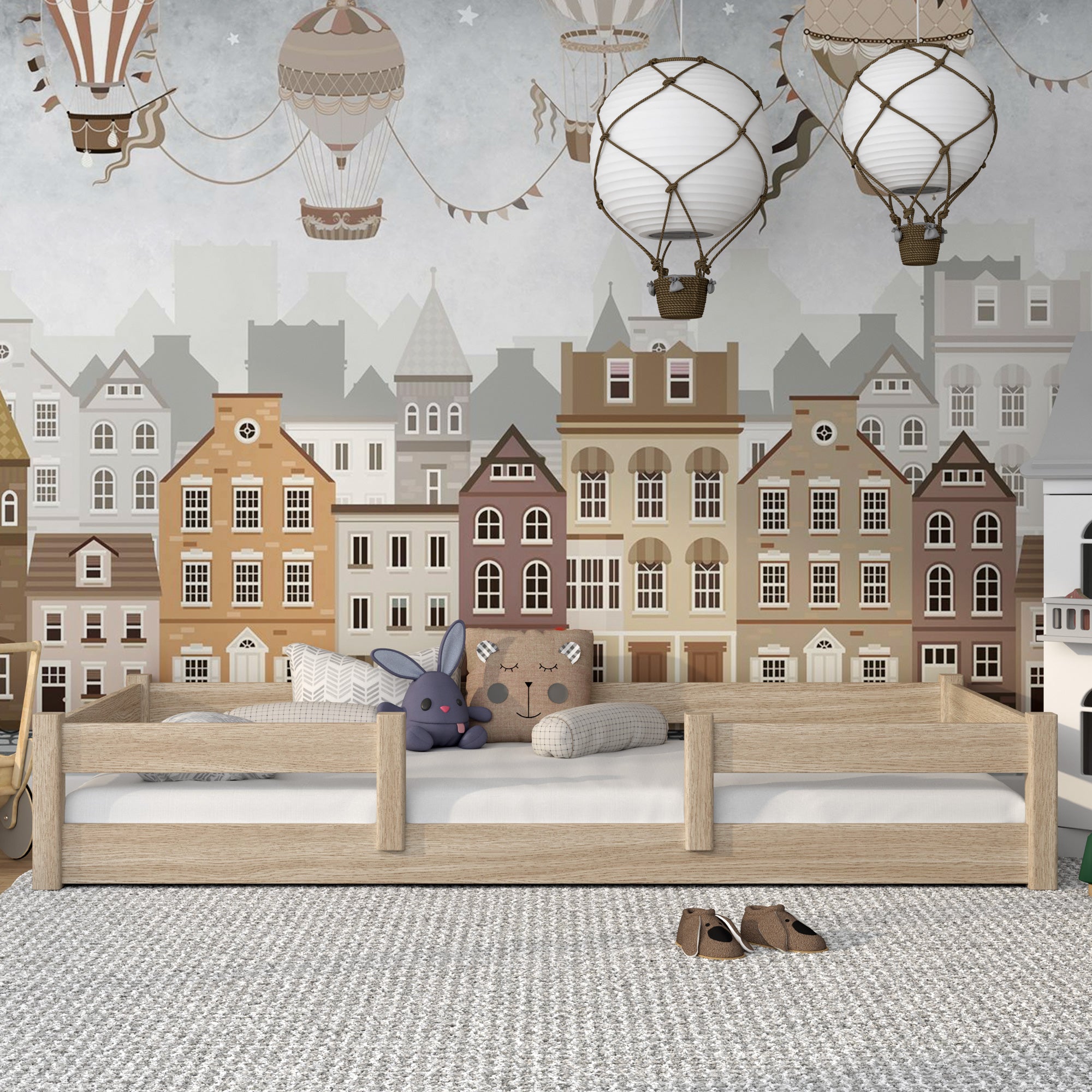 Niedriges Bett gebleichte Eiche im Schlafzimmer – skandinavische Einrichtung, aus Eichenholz