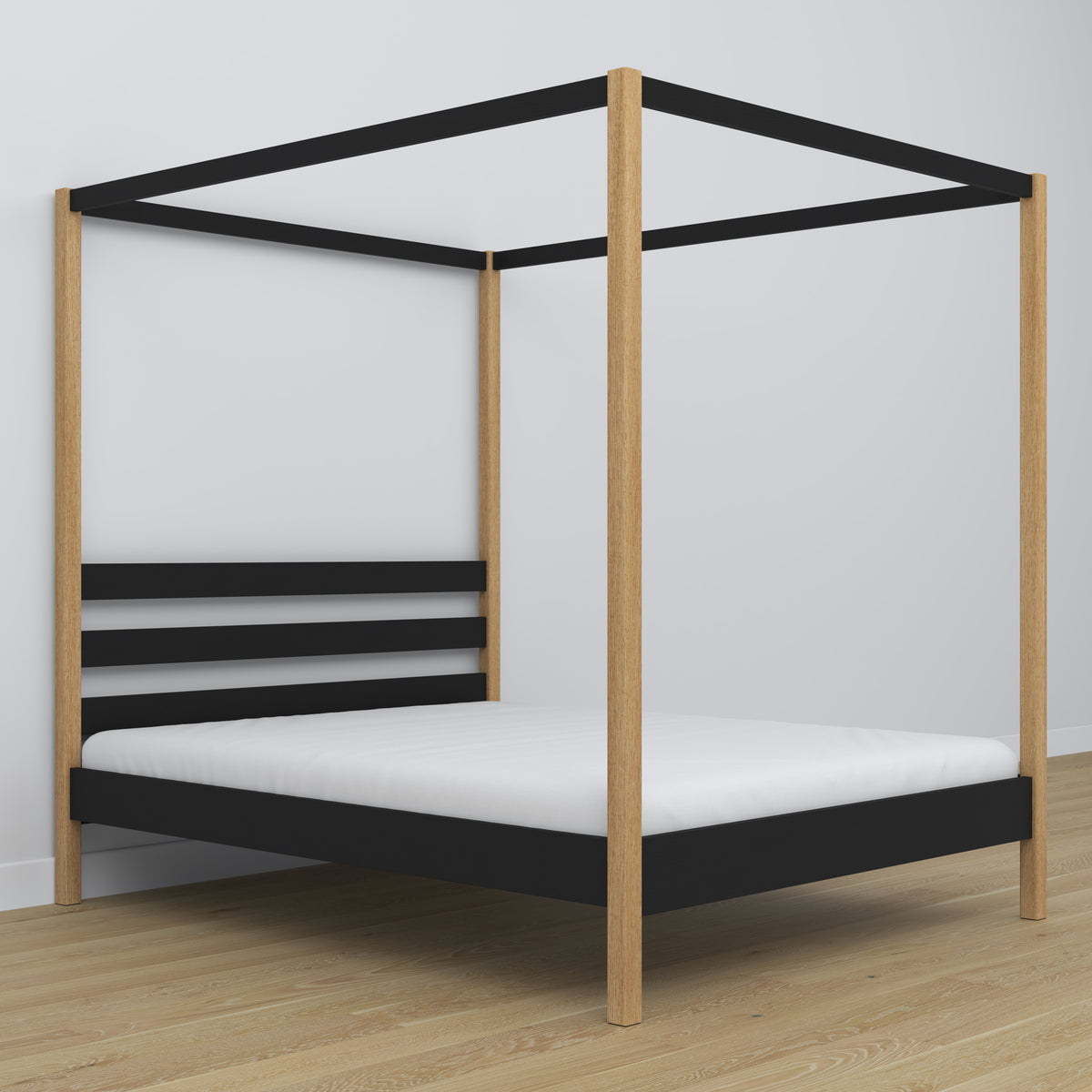 Double bed black and oak with canopy – decorative wooden frame, scandi
