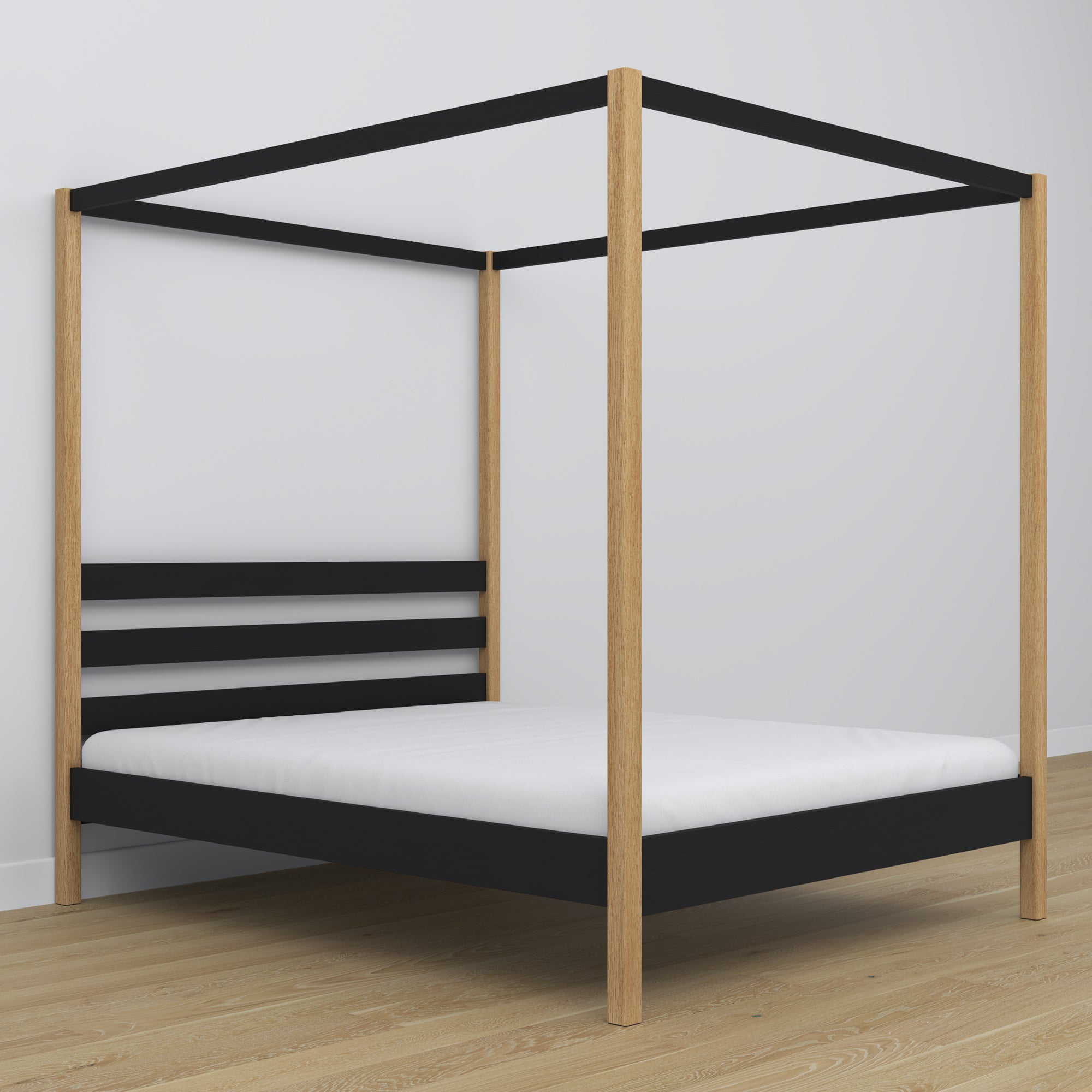 Double bed black and oak with canopy – decorative wooden frame, scandi