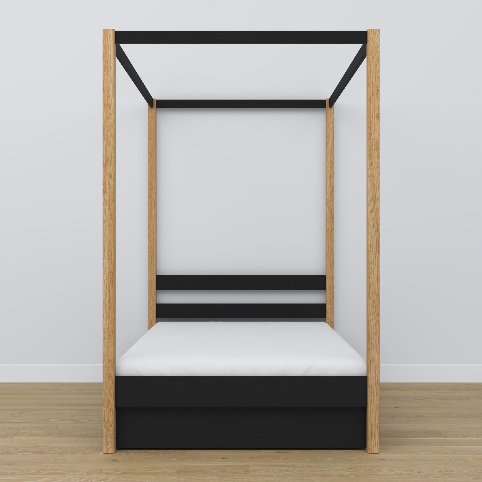 Black and Oak Canopy Bed – Open Drawer, Wooden, Nizio Home