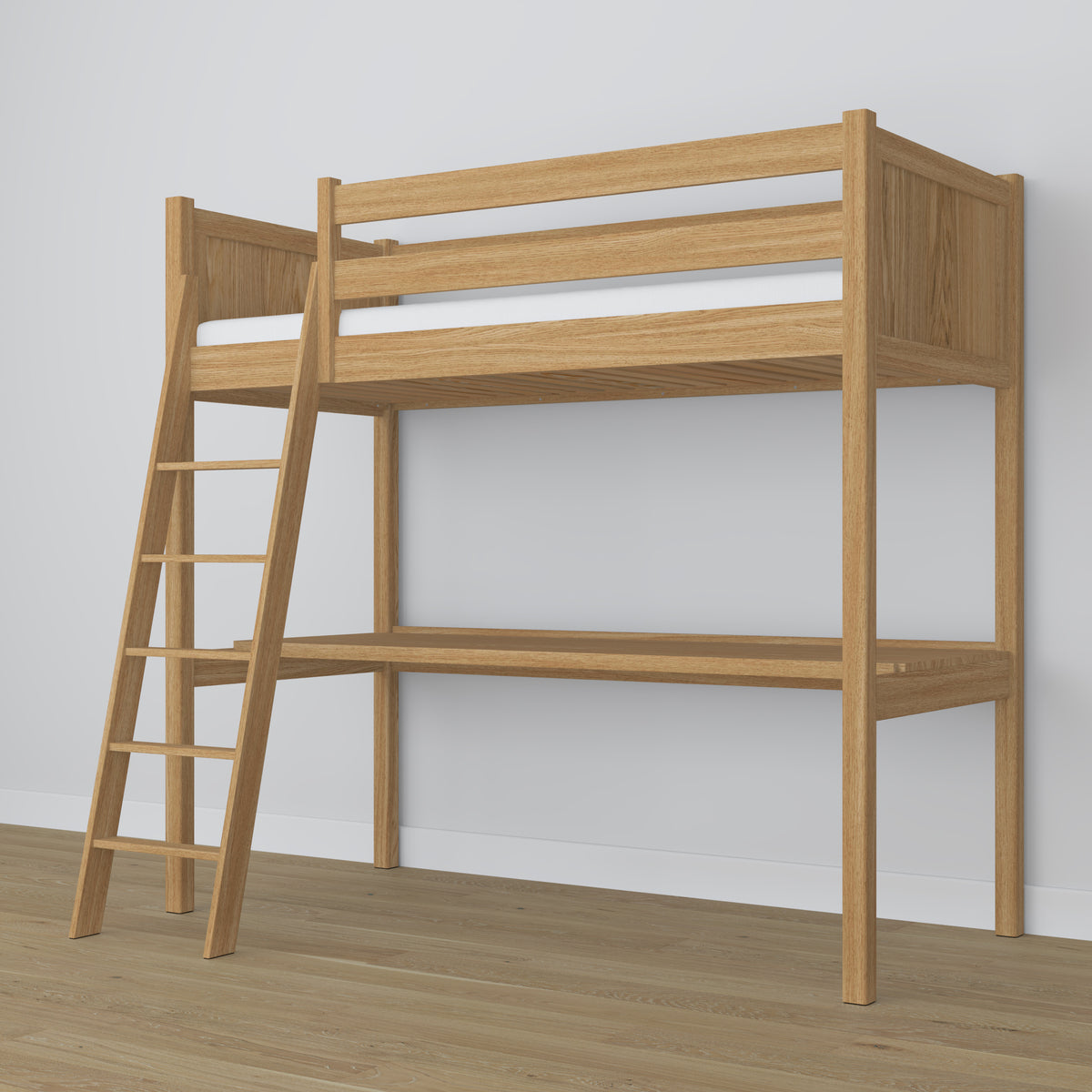 Loft bed natural oak – oak desk under the sleeping area, scandi children’s room