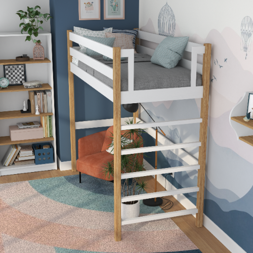 Loft bed white/oak in children’s room – scandi arrangement, wooden