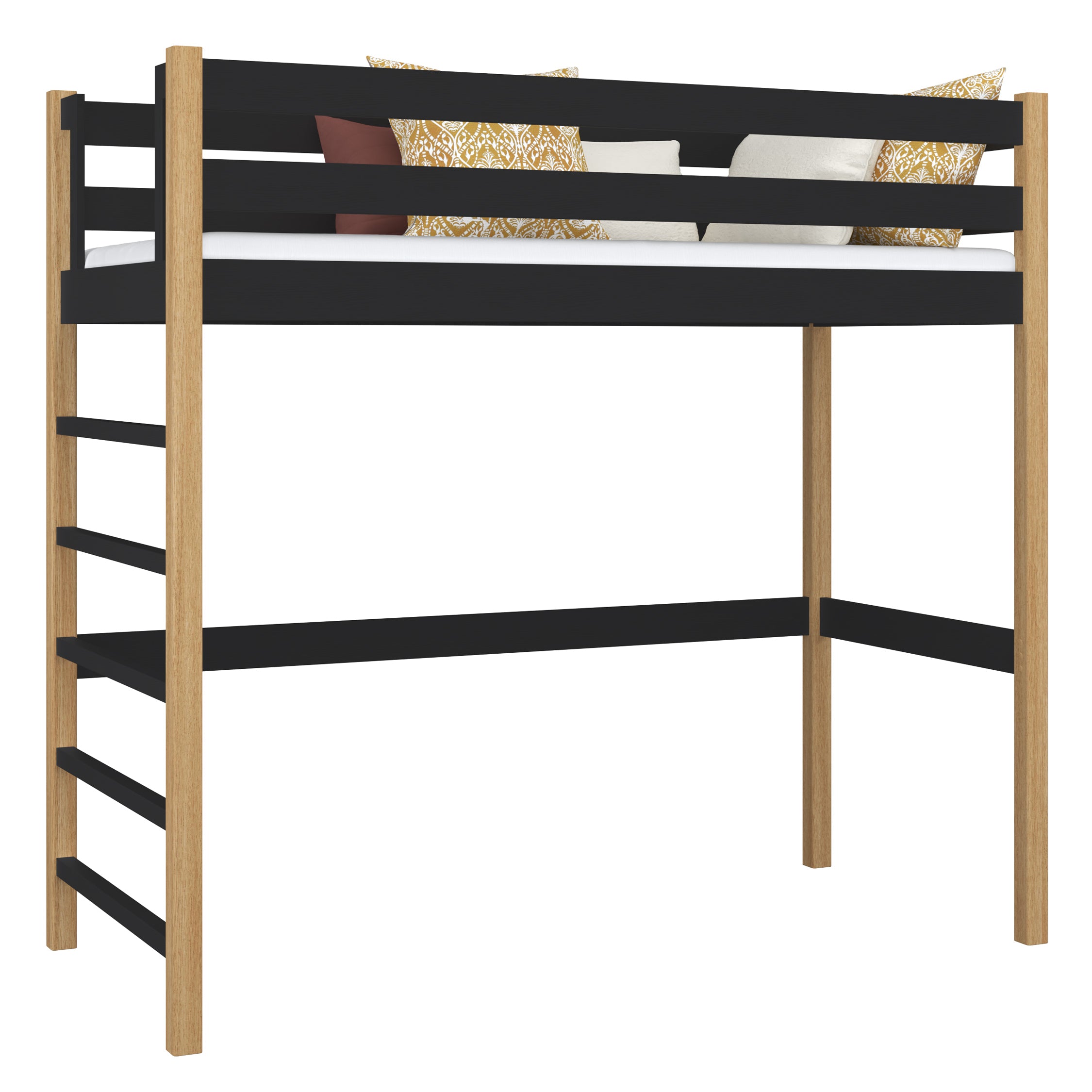 Hochbett schwarz-eiche – Leiter und Rausfallschutz aus Holz, Nizio Home