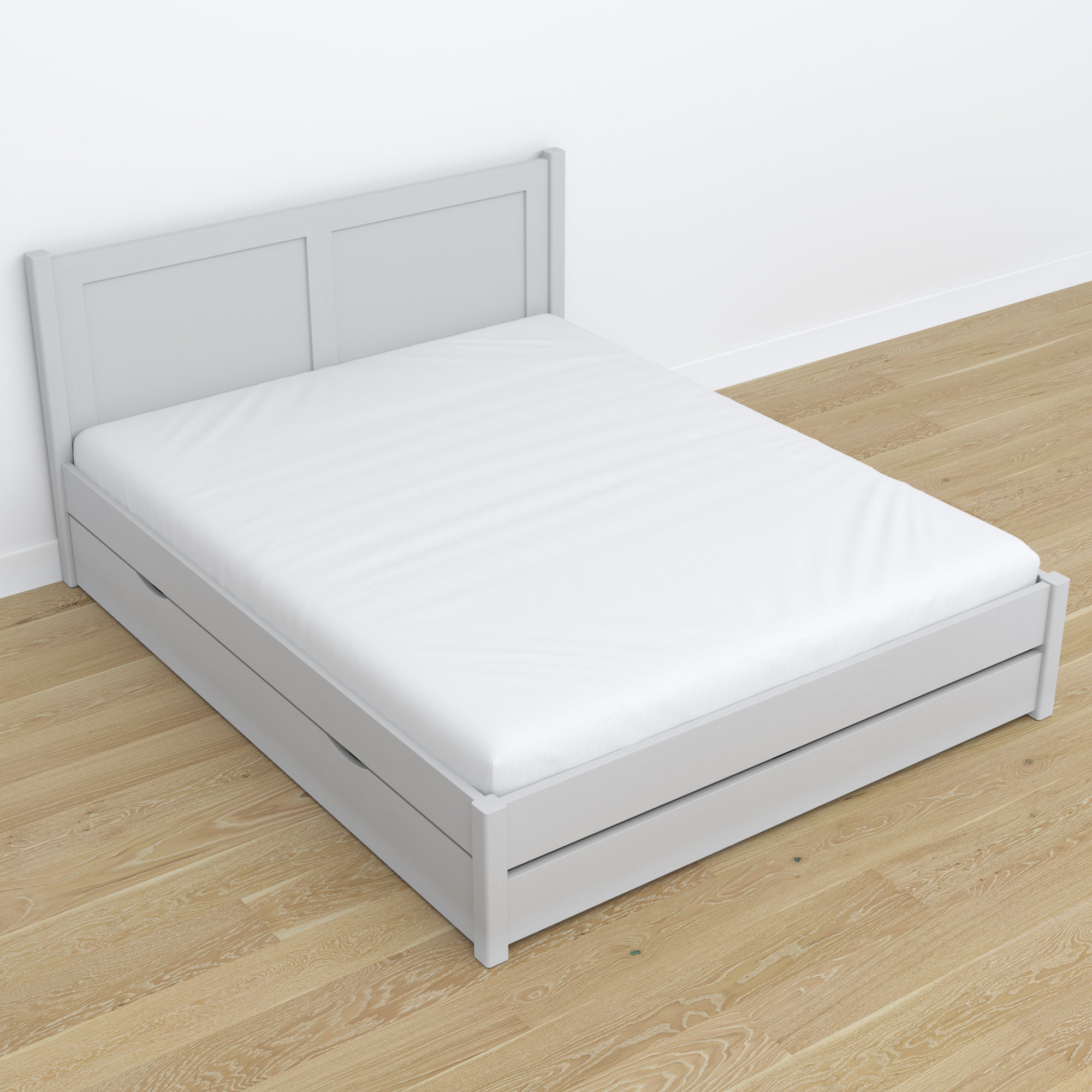 Doppelbett Aschgrau – Beine und Basis aus Holz, Nahaufnahme