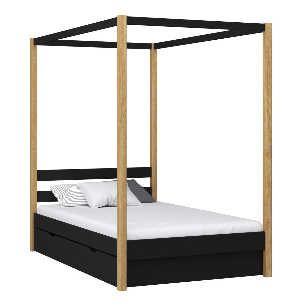 Wooden canopy bed with drawer black-oak – child’s room, scandi style