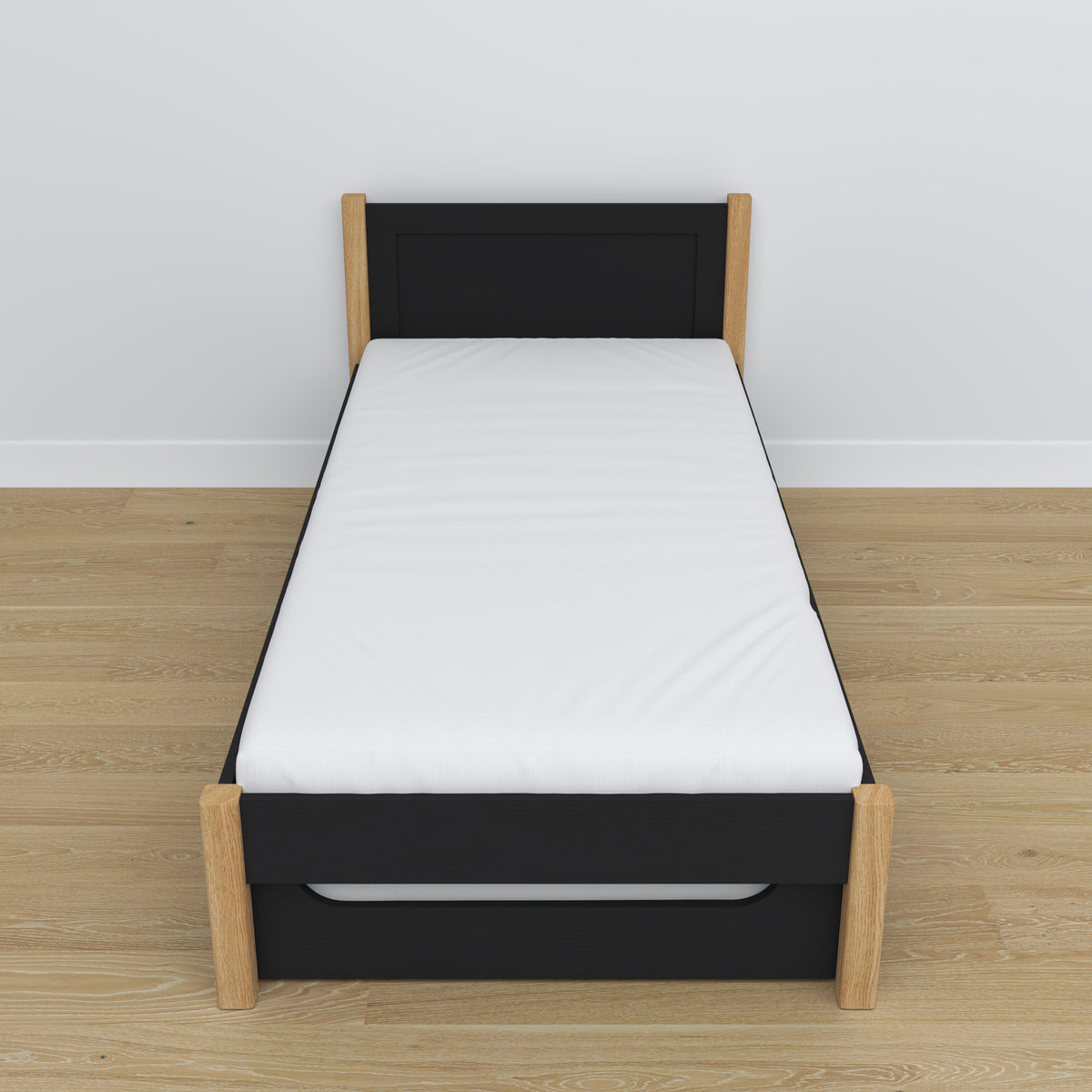 Bett Schwarz-Eiche – Schublade für Matratze, Details aus Holz, Nizio Home