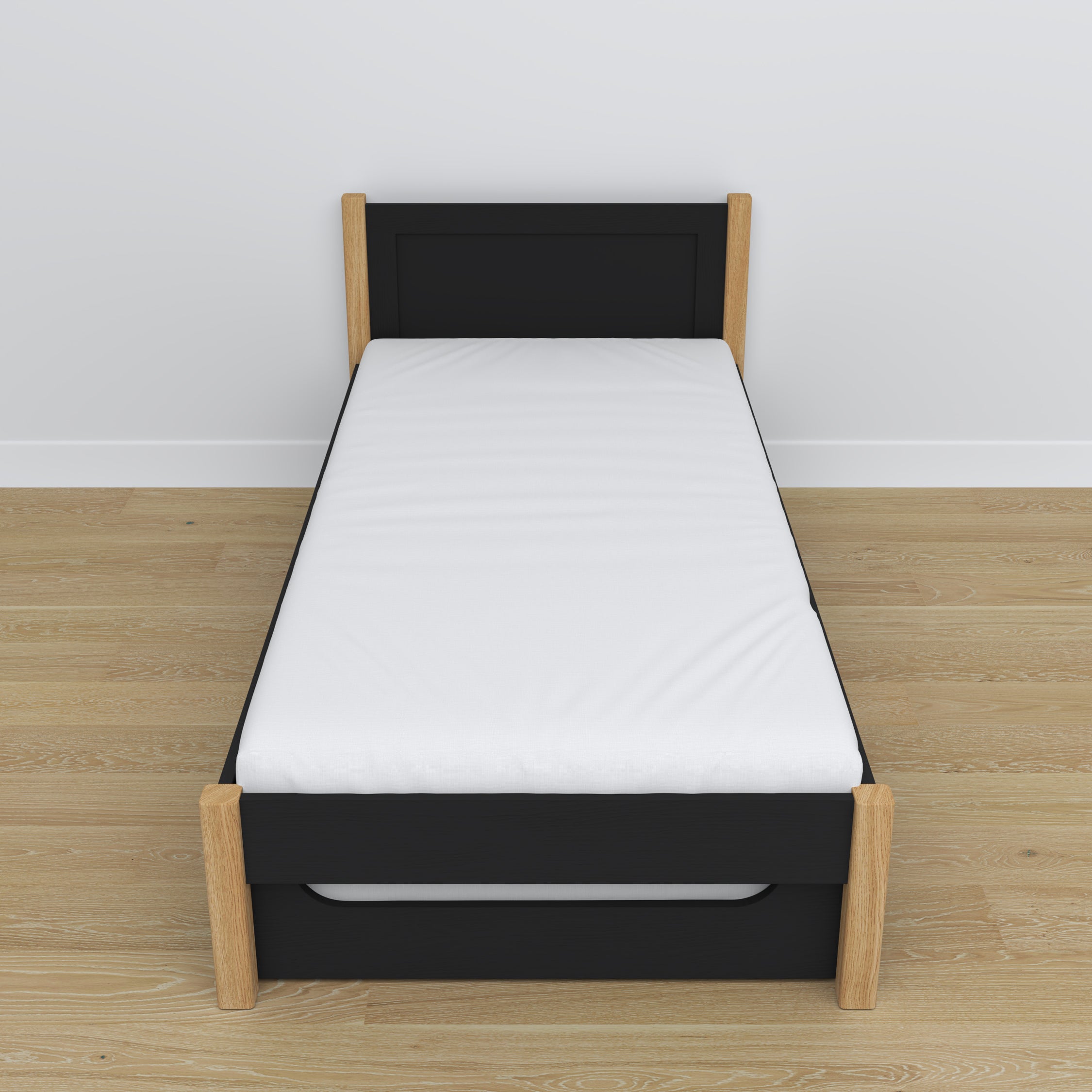 Bett Schwarz-Eiche – Schublade für Matratze, Details aus Holz, Nizio Home