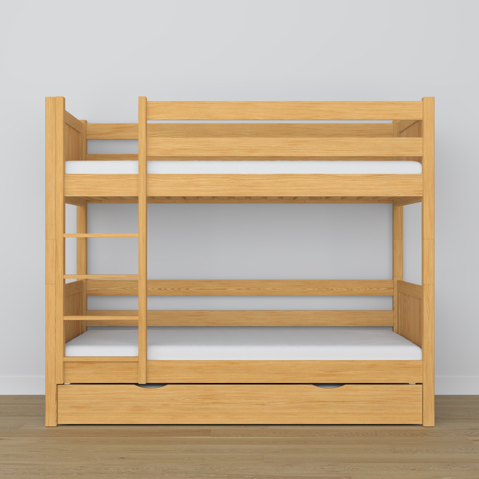 Natural Pine Bunk Bed with Mattress Drawer – Safety Rail, Wooden, Nizio Home