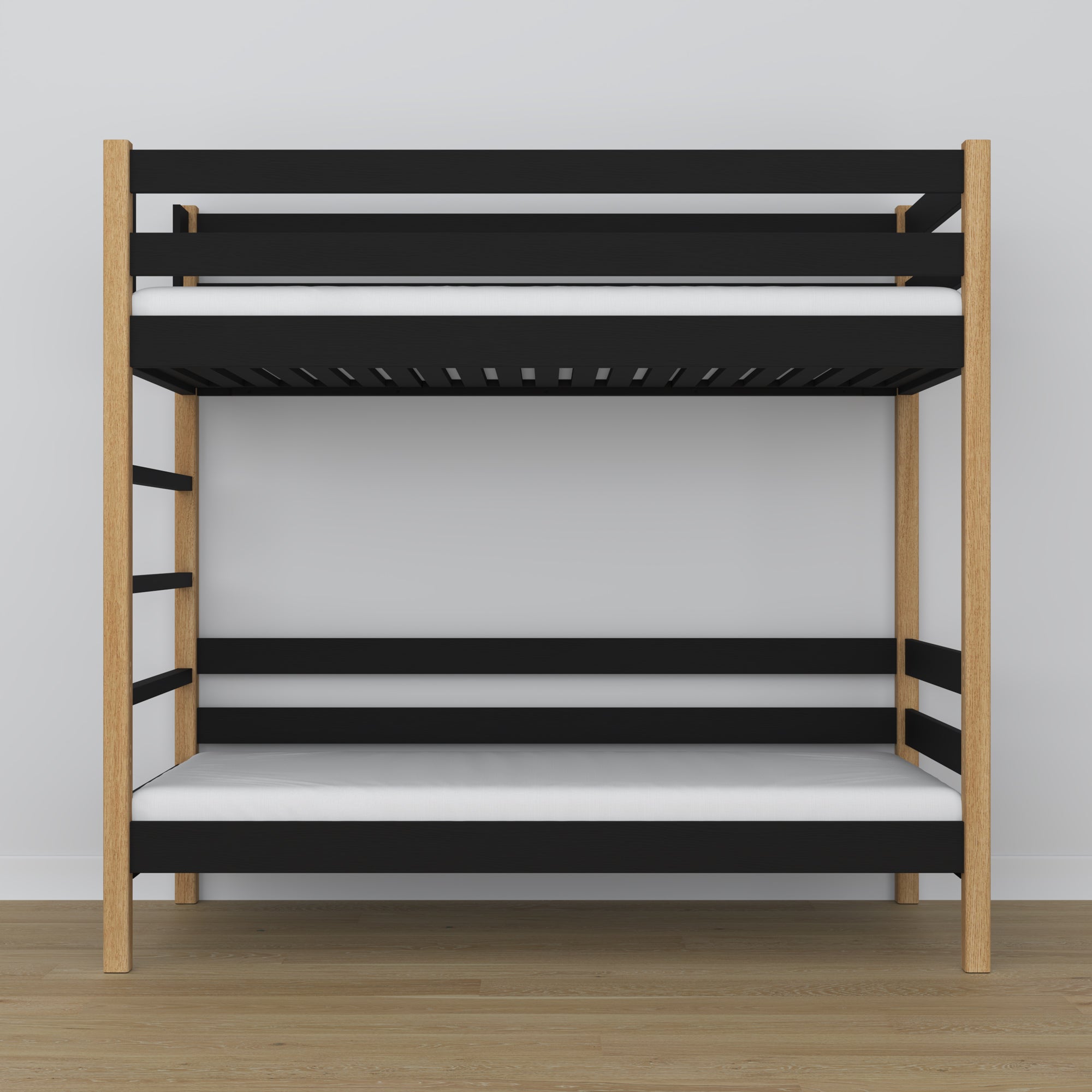 Black and Oak Wooden Bunk Bed – Slatted Frame, Durable Joinery Joints