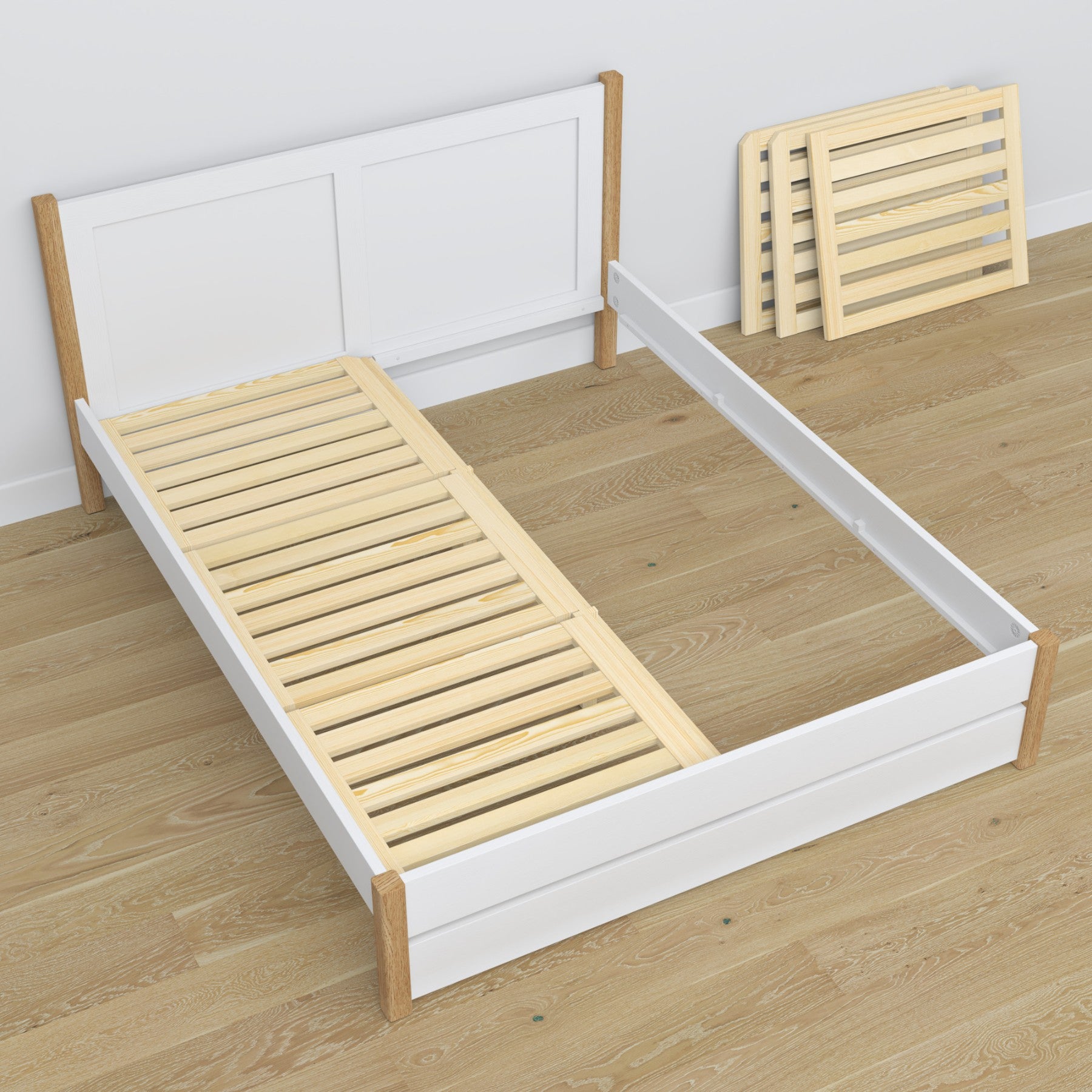 Double bed white with oak made of wood – dimensions and diagram, Nizio Home