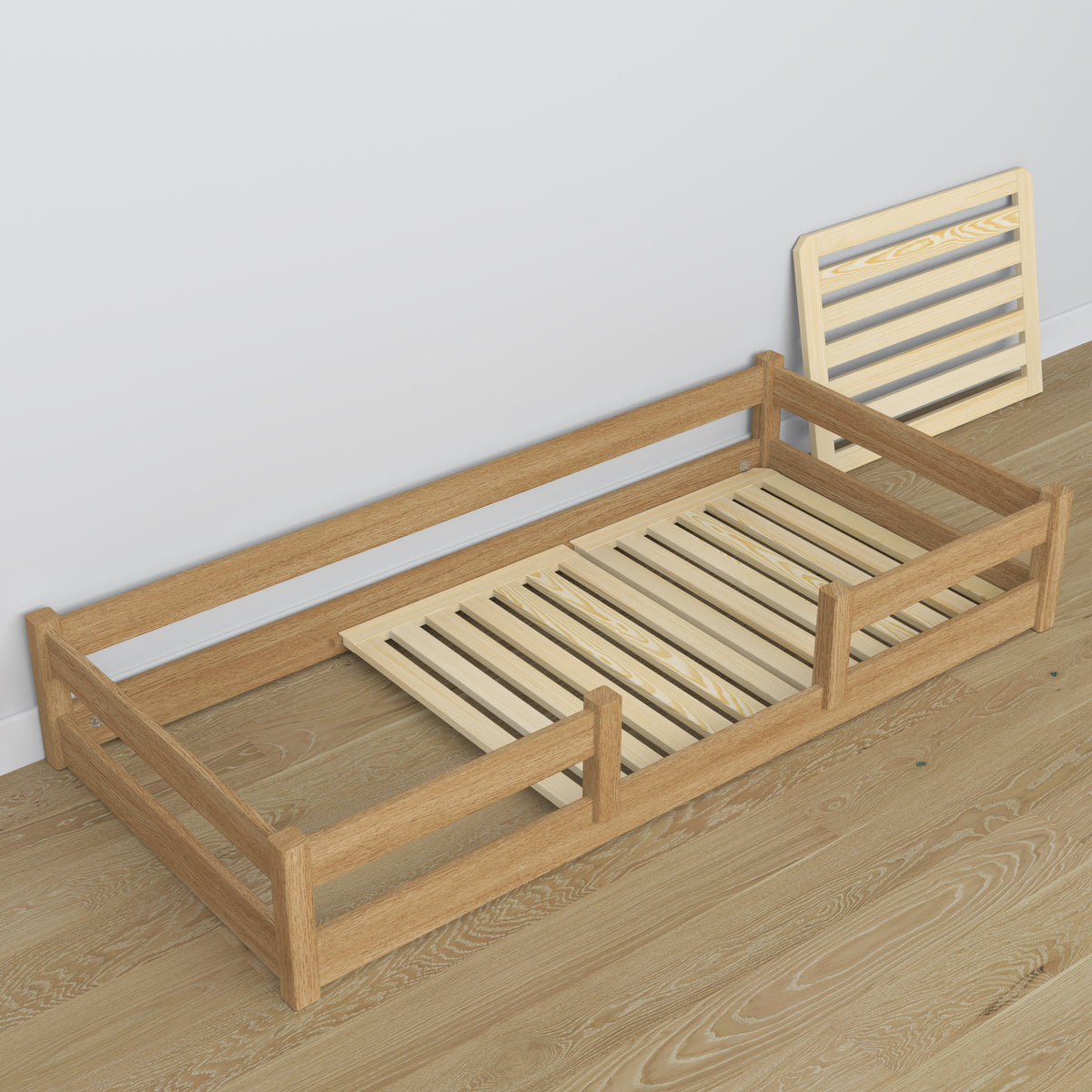 Niedriges Bett natürliche Eiche aus Eichenholz – Maße und Schema, Nizio