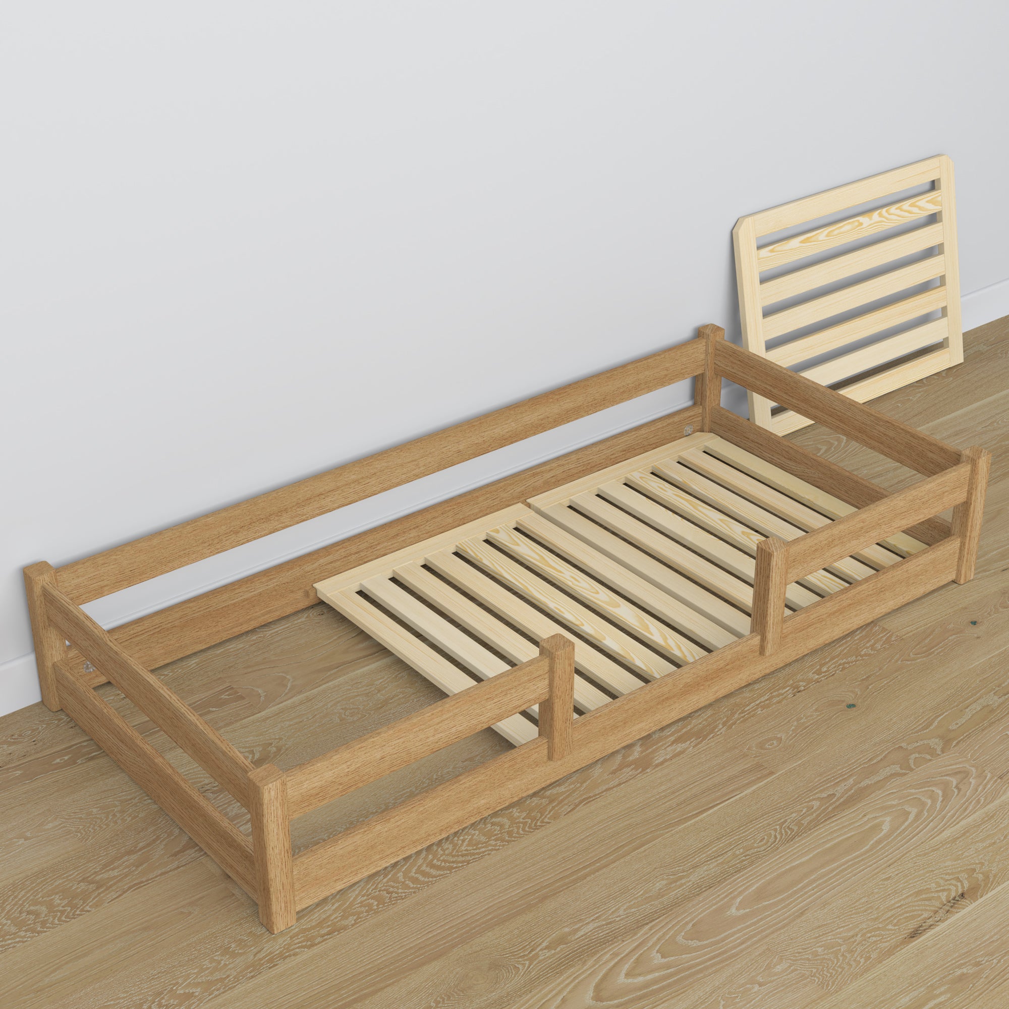 Niedriges Bett natürliche Eiche aus Eichenholz – Maße und Schema, Nizio