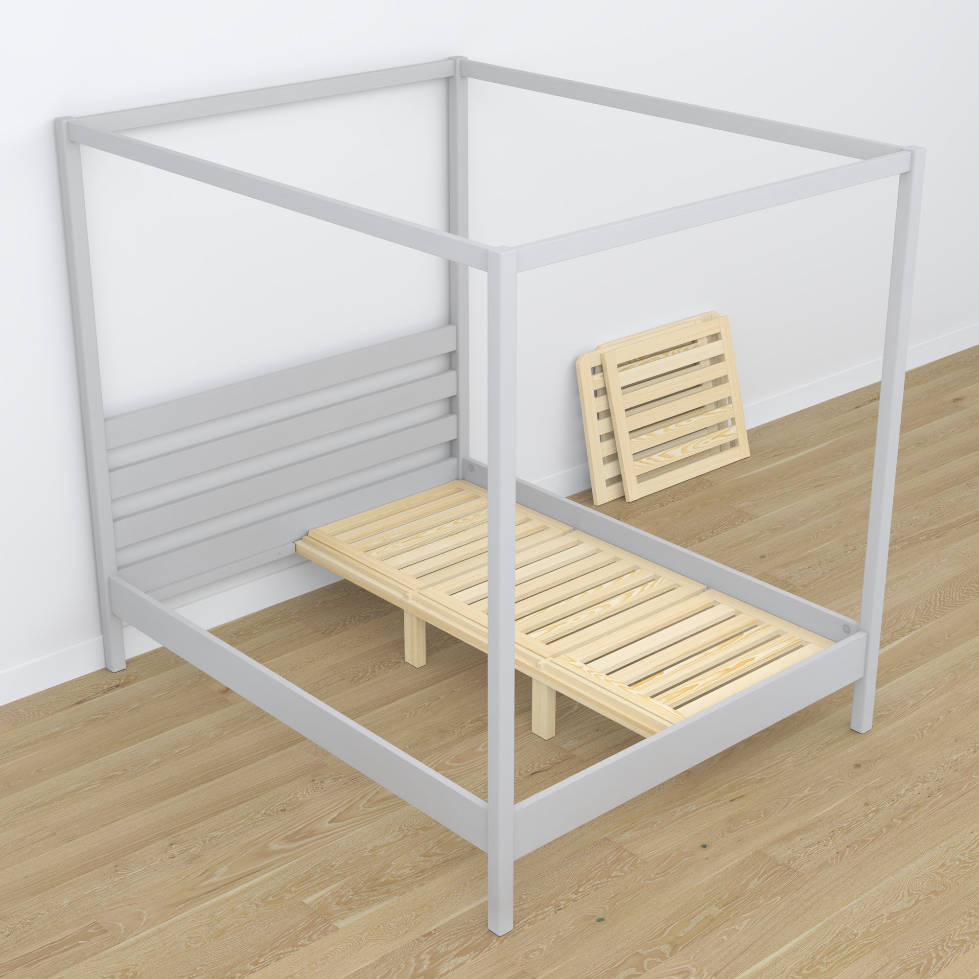 Lit à baldaquin gris en bois – vue de côté, style scandinave