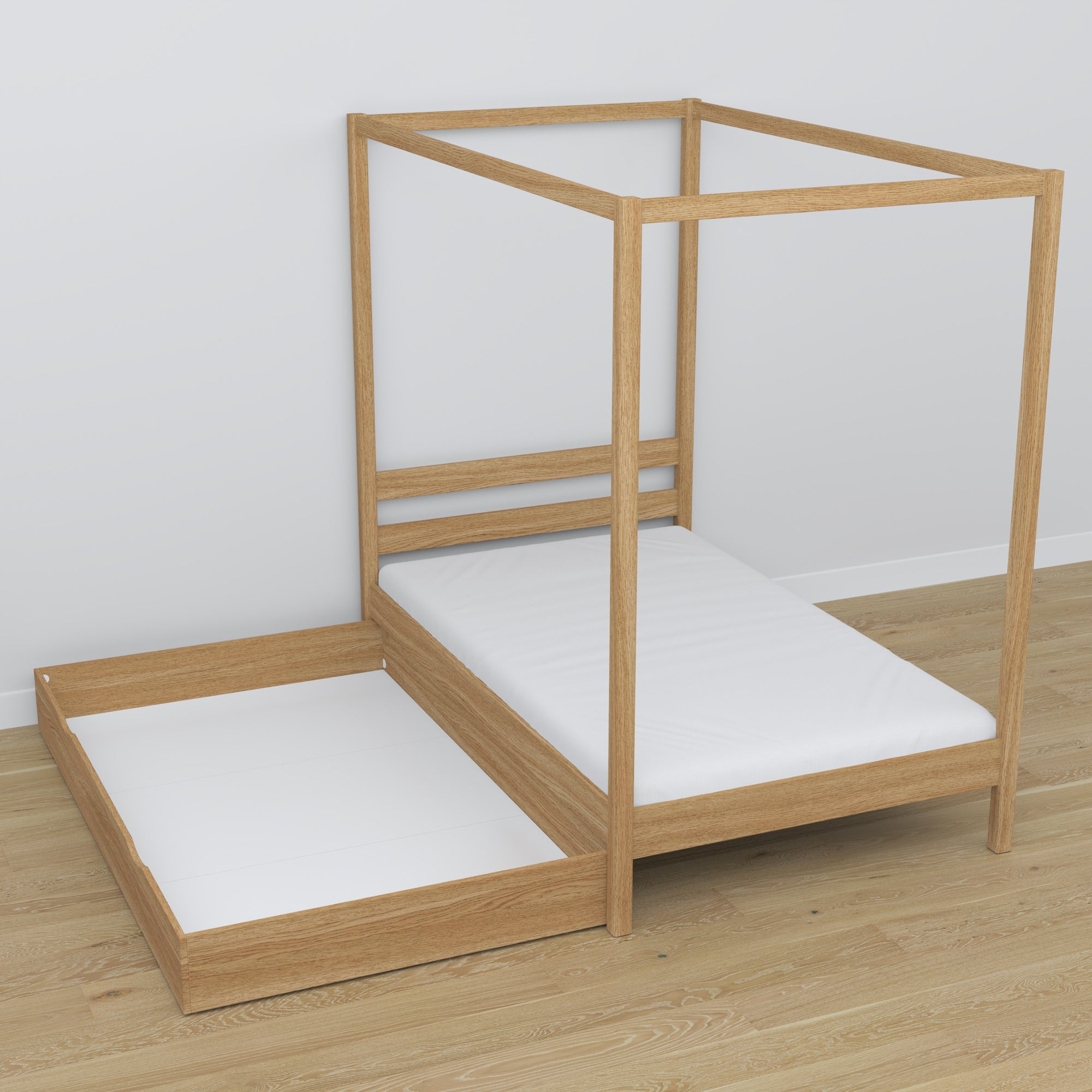 Natural Oak Canopy Bed with Drawer – Side View, Oak