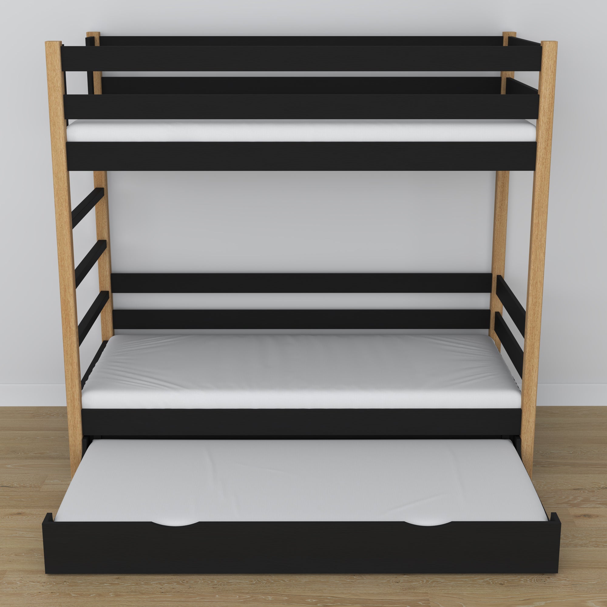 Black and Oak Wooden Bunk Bed – Dimensions and Diagram with Mattress Drawer