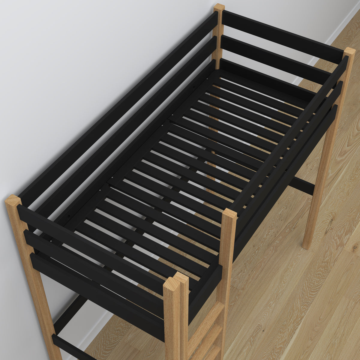 Black and Oak Wooden Loft Bed with Desk – Ladder and Joint Details