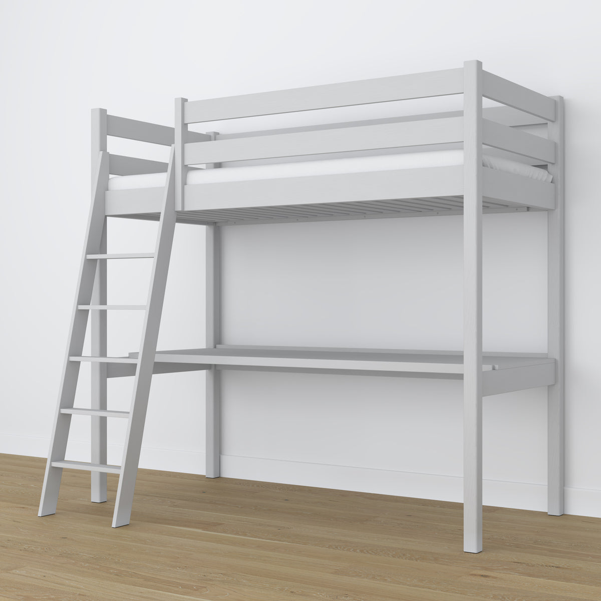 Hochbett aus Holz grau mit Schreibtisch – Rahmen und Latten, Nizio