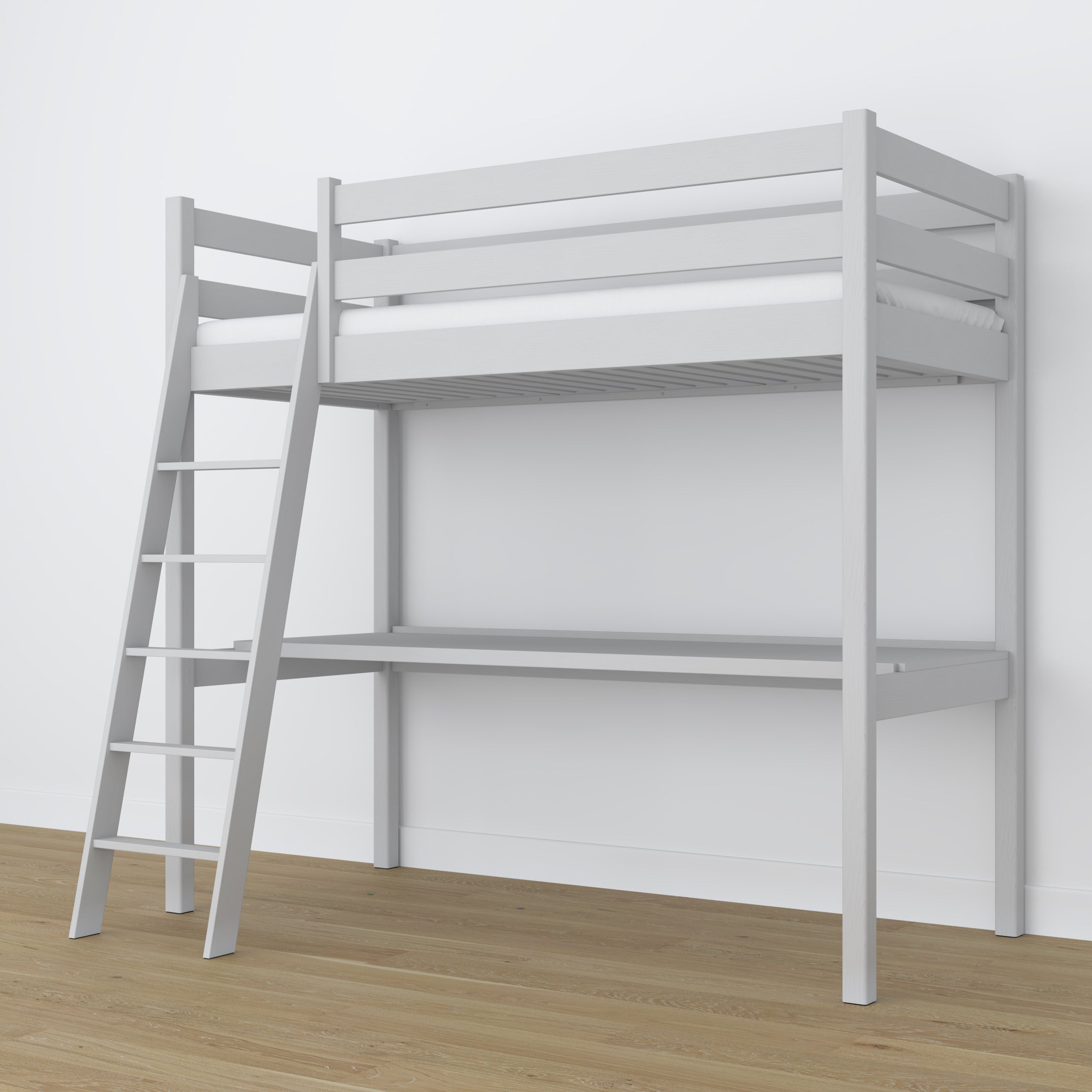 Hochbett aus Holz grau mit Schreibtisch – Rahmen und Latten, Nizio
