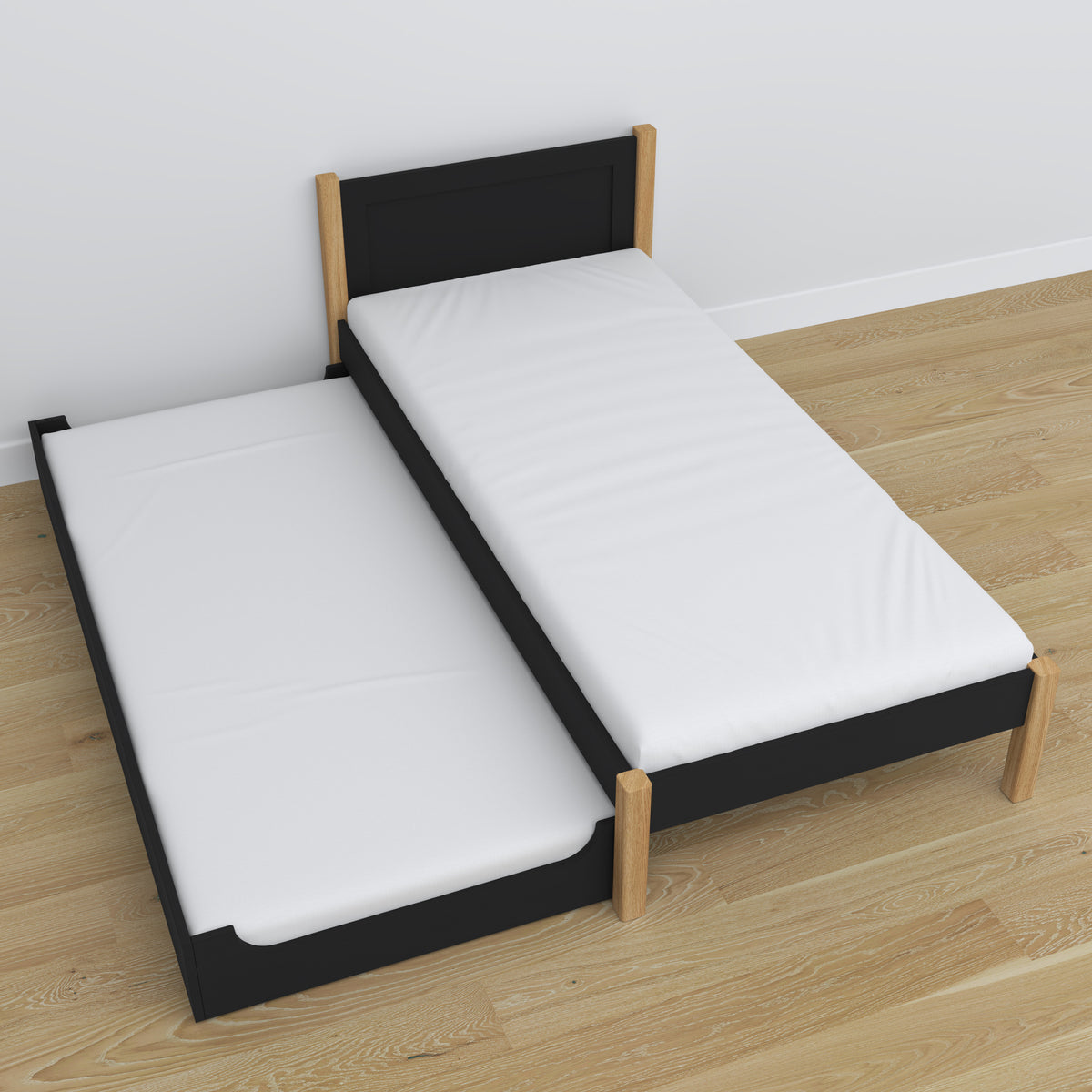 Bett mit Schublade für Matratze schwarz-eiche aus Holz – Maße, Nizio