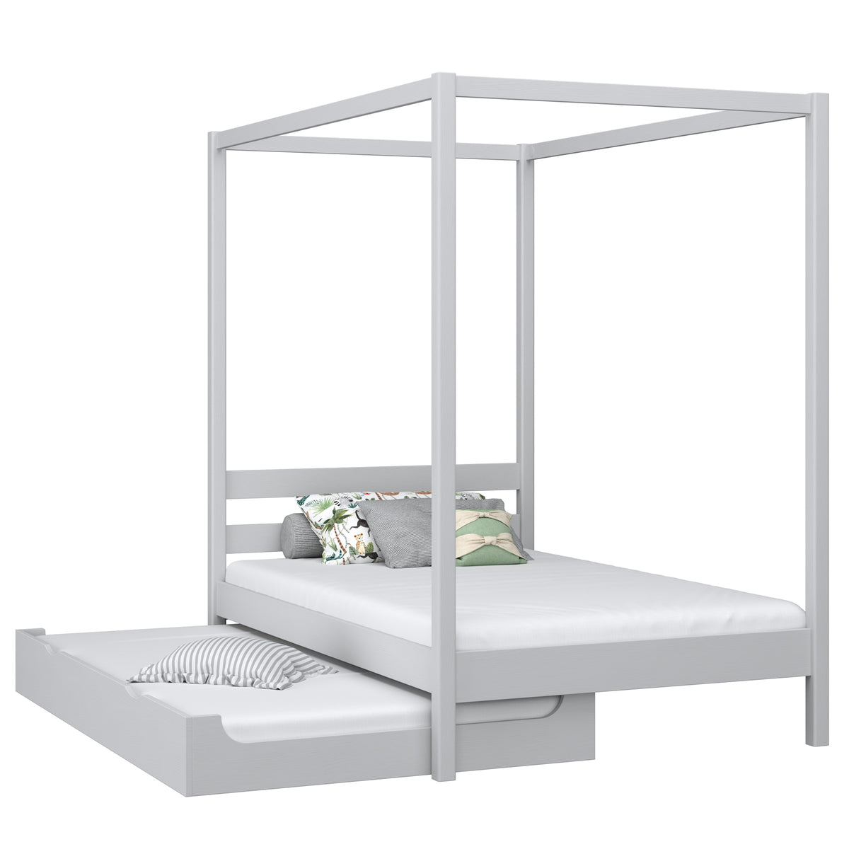 Lit à baldaquin avec tiroir pour matelas en bois gris – chambre d'enfant scandinave