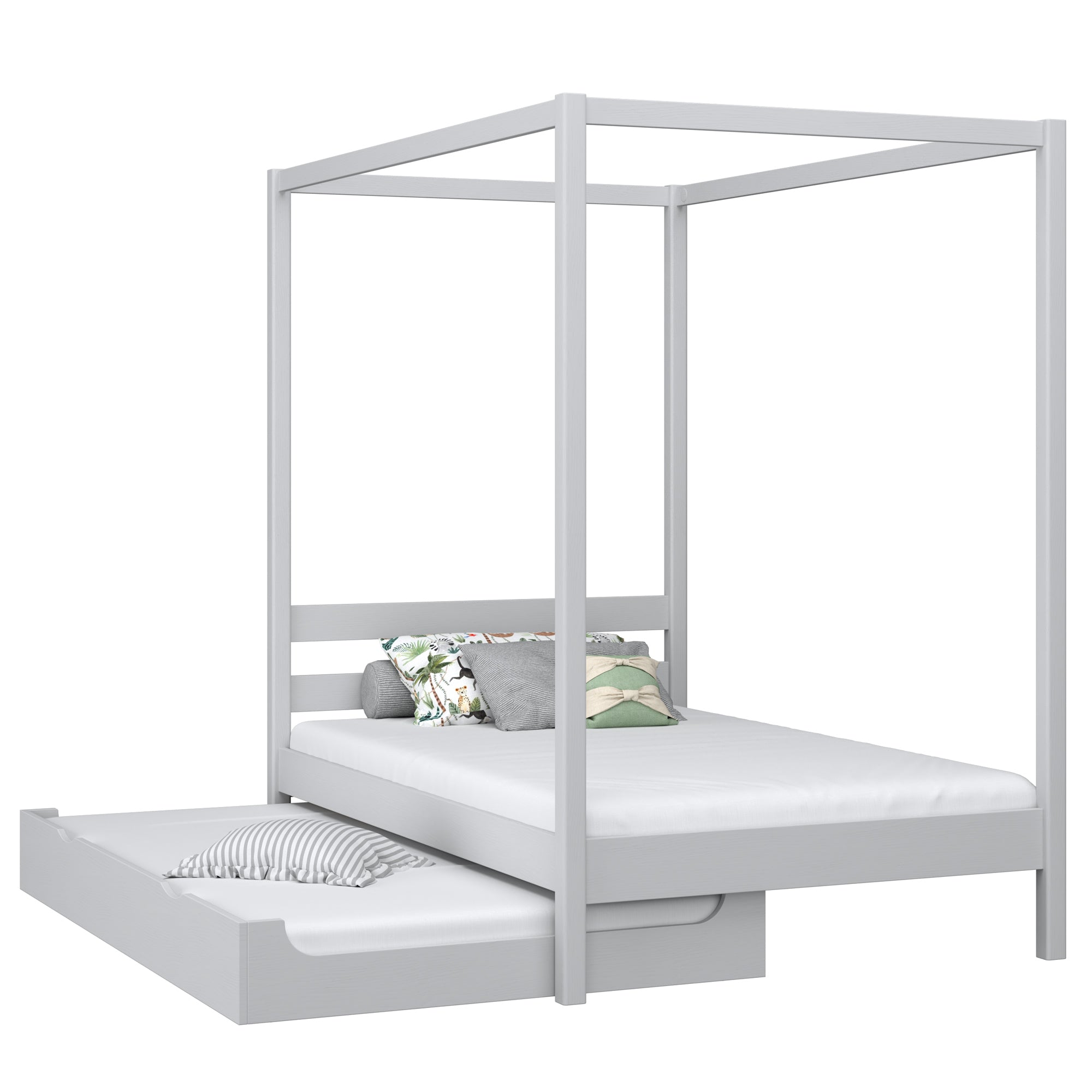 Lit à baldaquin avec tiroir pour matelas en bois gris – chambre d'enfant scandinave