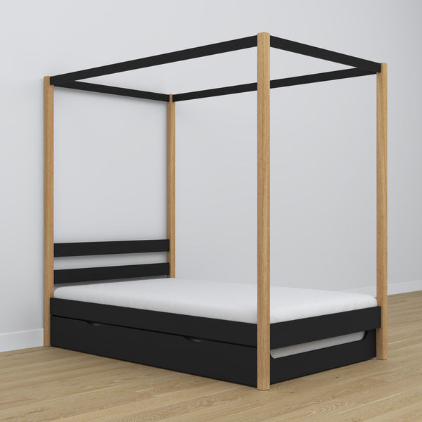 Black and Oak Canopy Bed – Drawer for Additional Mattress, Wooden