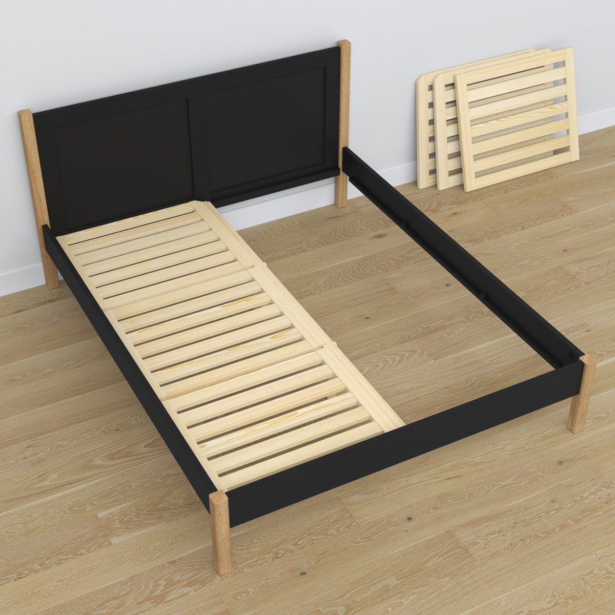 Doppelbett Holz Schwarz-Eiche – Maße und Schema, Nizio Home