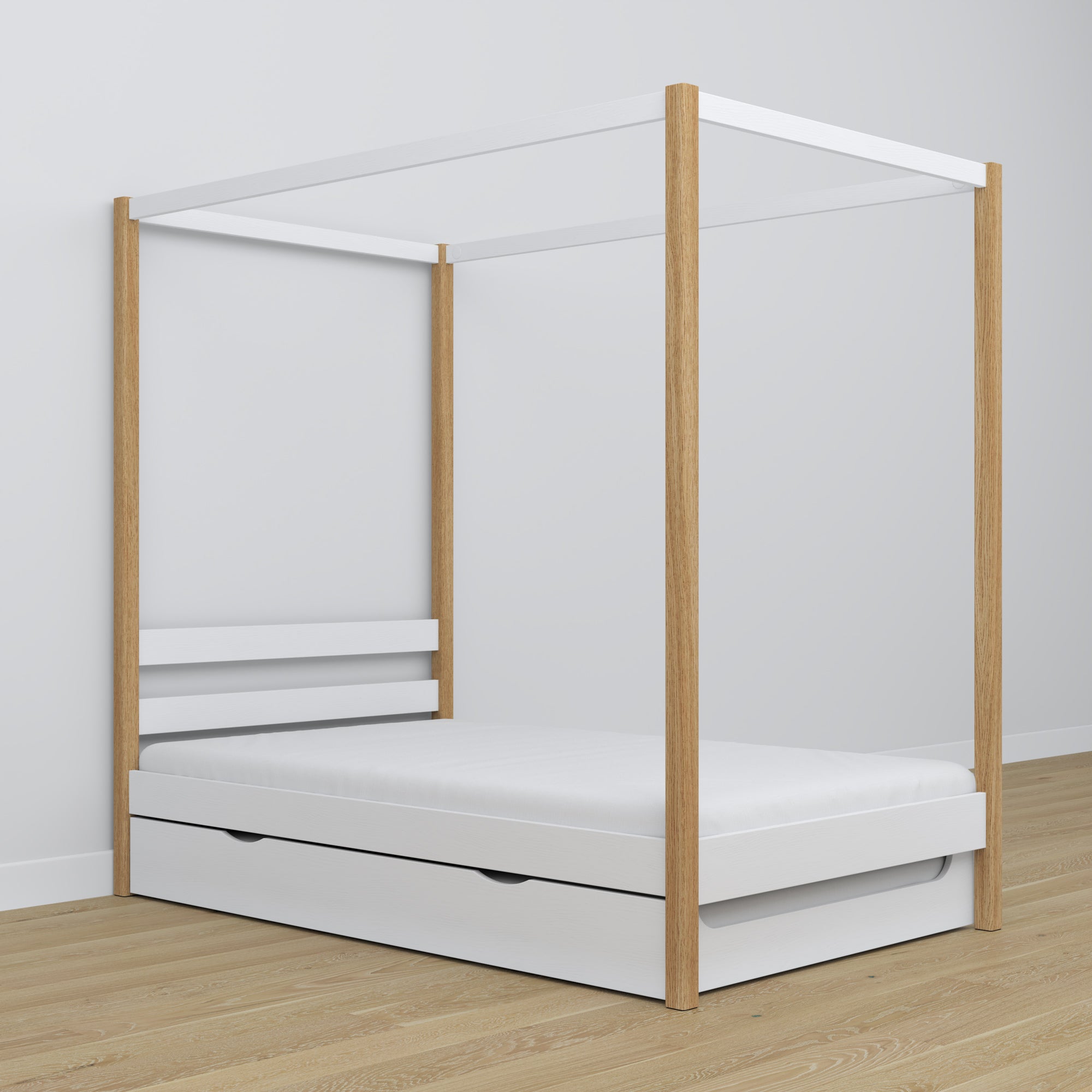Bed white/oak canopy bed – drawer for an extra mattress, wooden