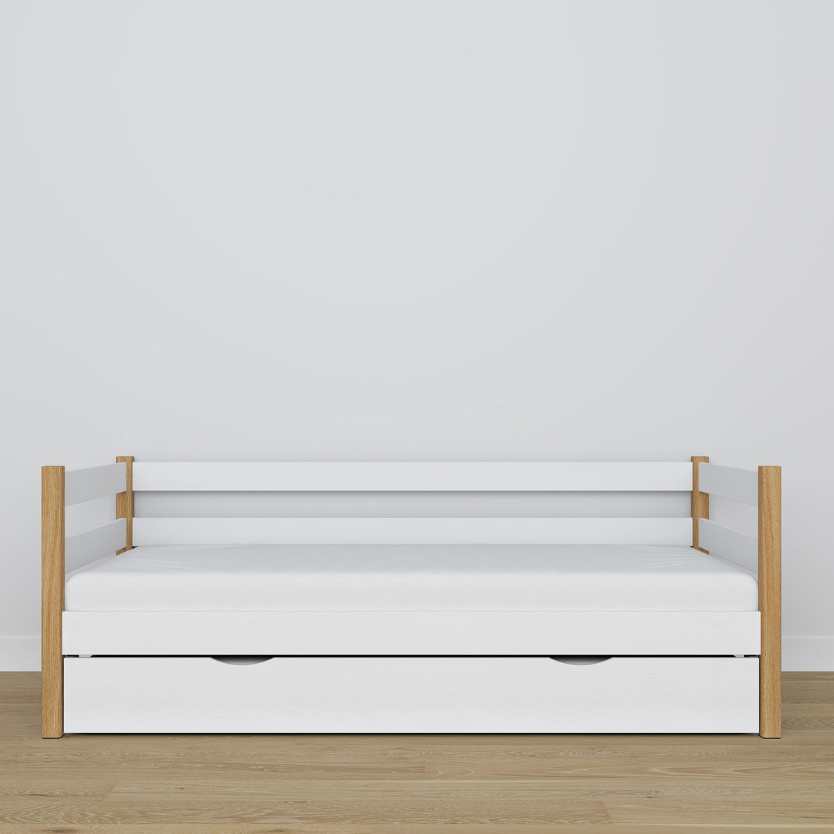 Sofabett mit Schublade für Matratze weiß-Eiche aus Holz – Maße, Nizio