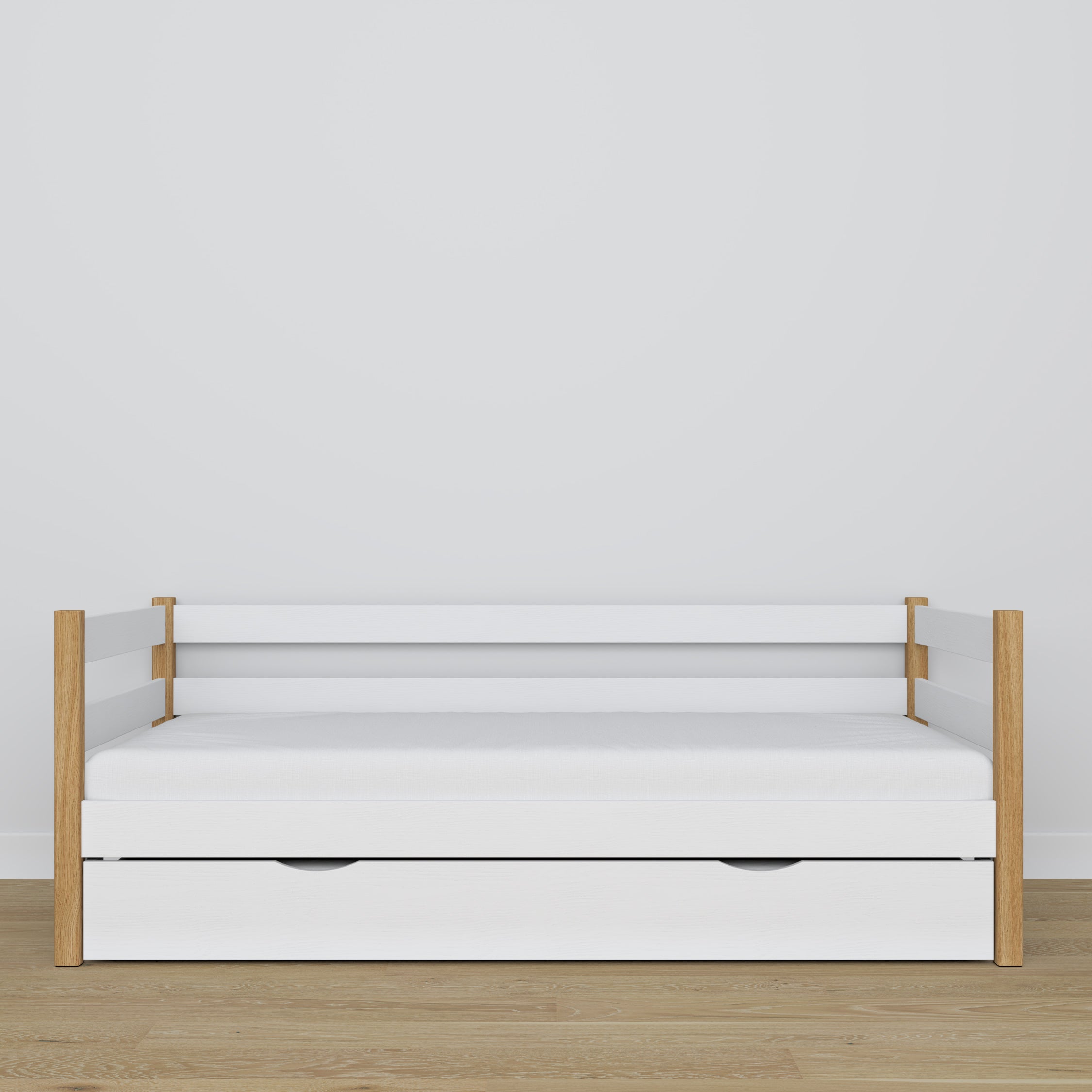 Sofabett mit Schublade für Matratze weiß-Eiche aus Holz – Maße, Nizio