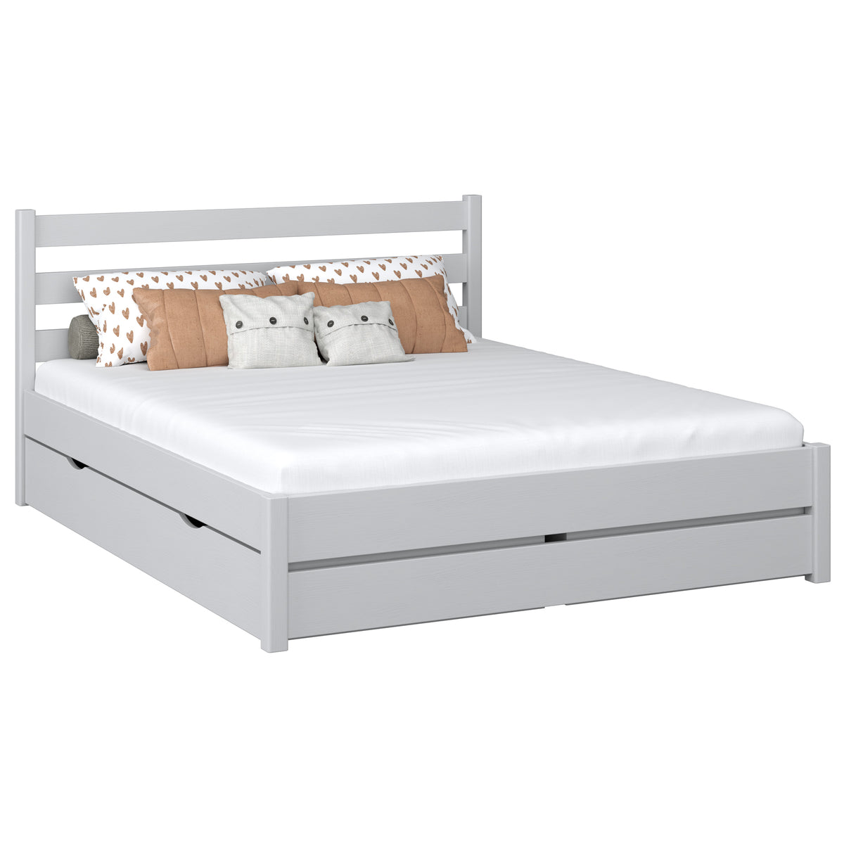 Holz-Doppelbett mit Schublade N01 Grau – Gesamtansicht, massives Kiefernholz