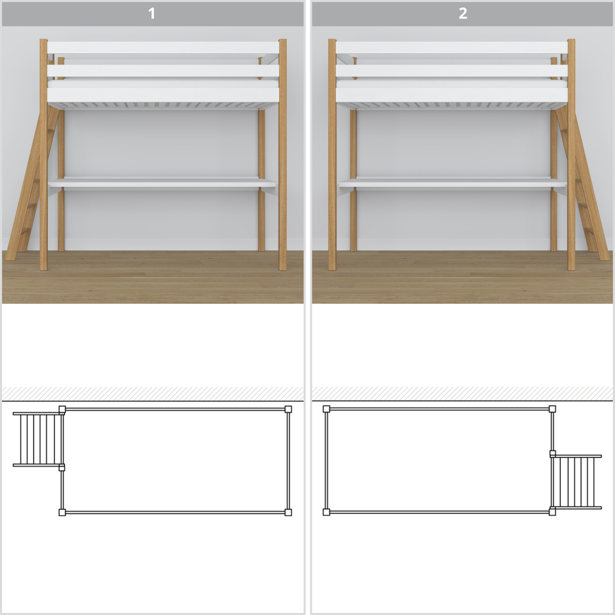 Lit mezzanine en bois blanc-chêne – vue du dessus na espace couchage