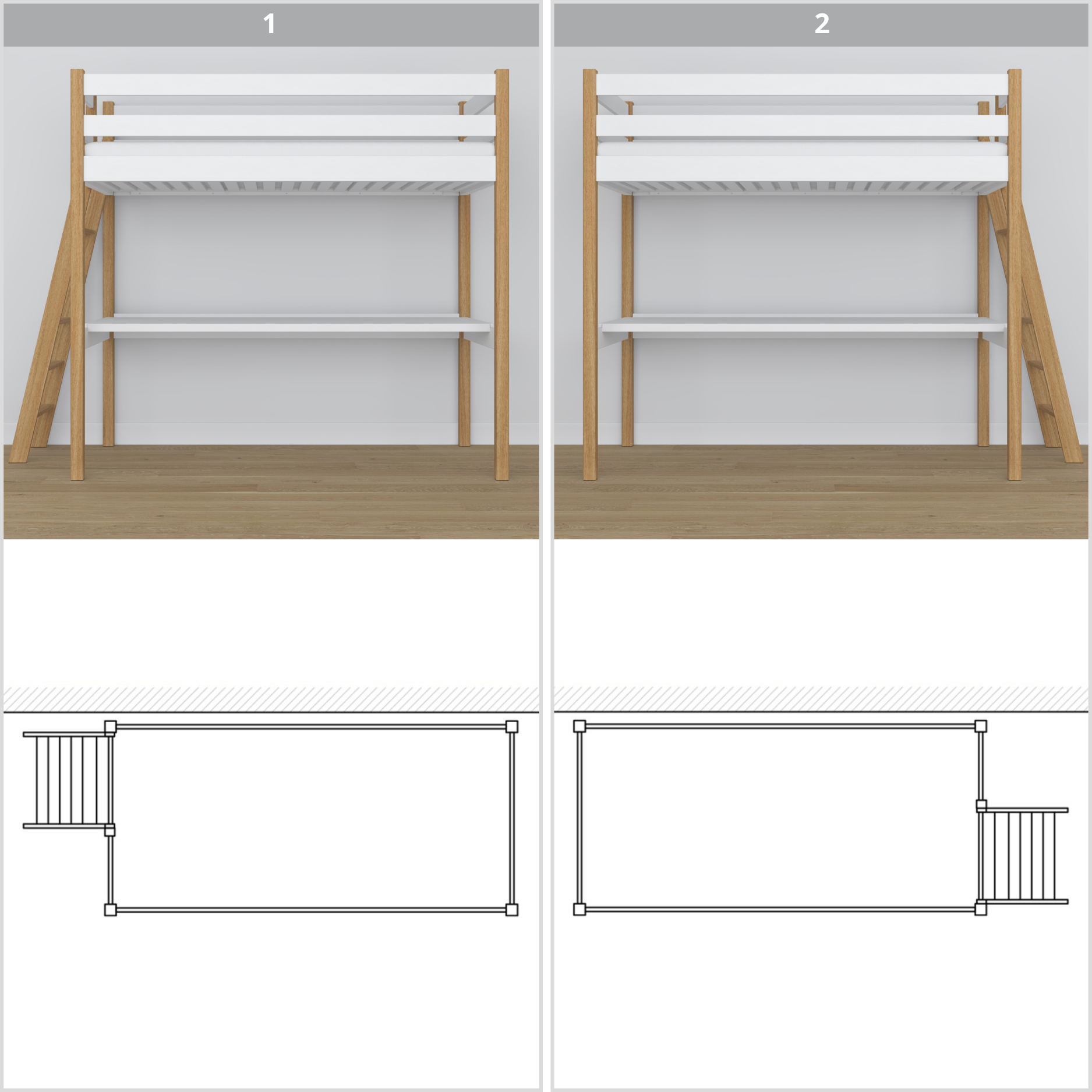 Lit mezzanine en bois blanc-chêne – vue du dessus na espace couchage