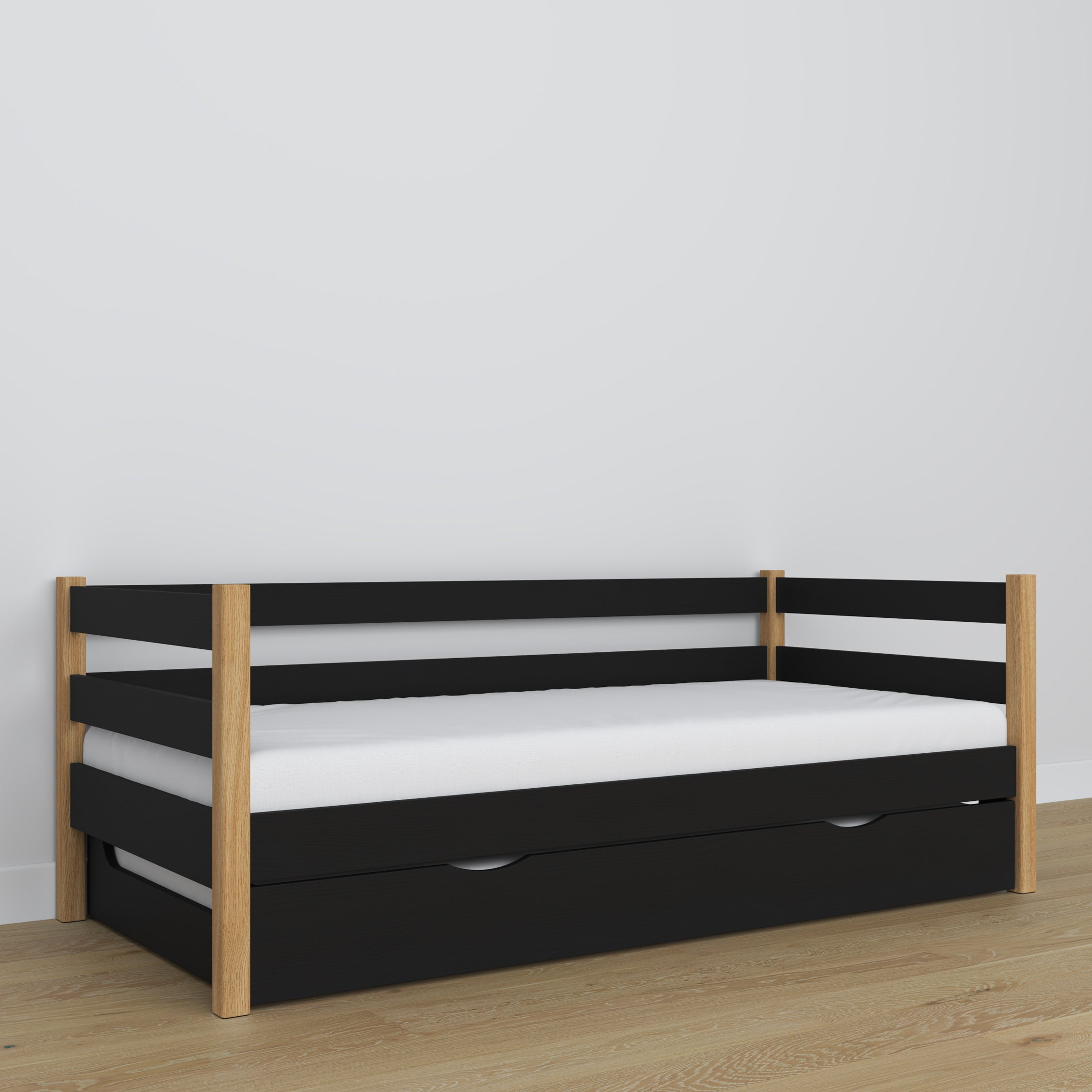 Sofa-Bett schwarz-Eiche – Holzdetails, hohe Qualität Nizio