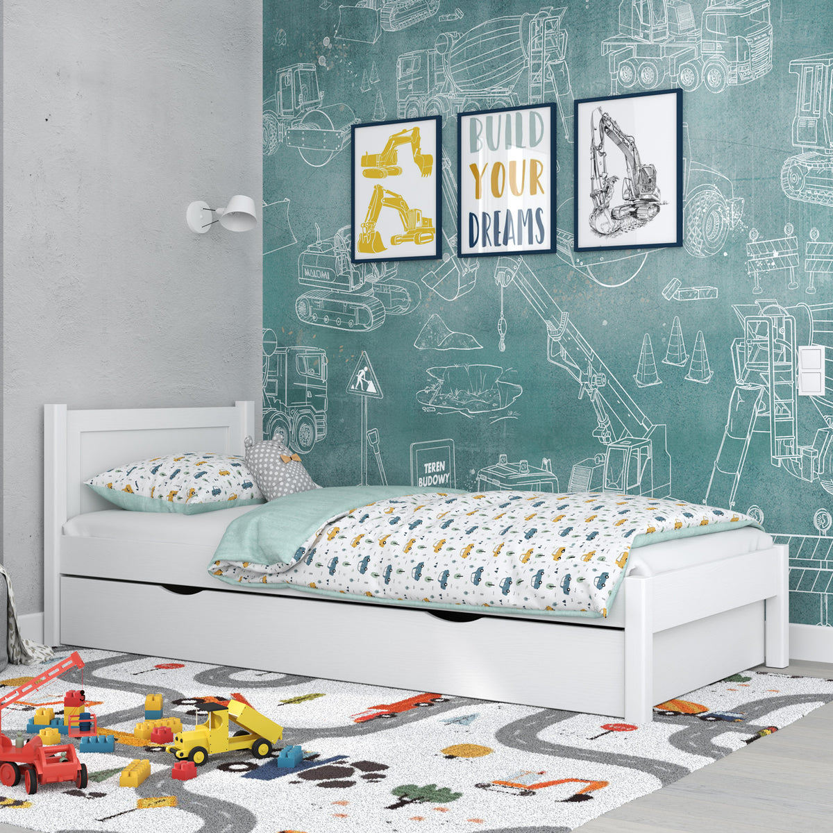 Einzelbett mit Schublade aus Holz Weiß – Kinderzimmer, Scandi-Stil
